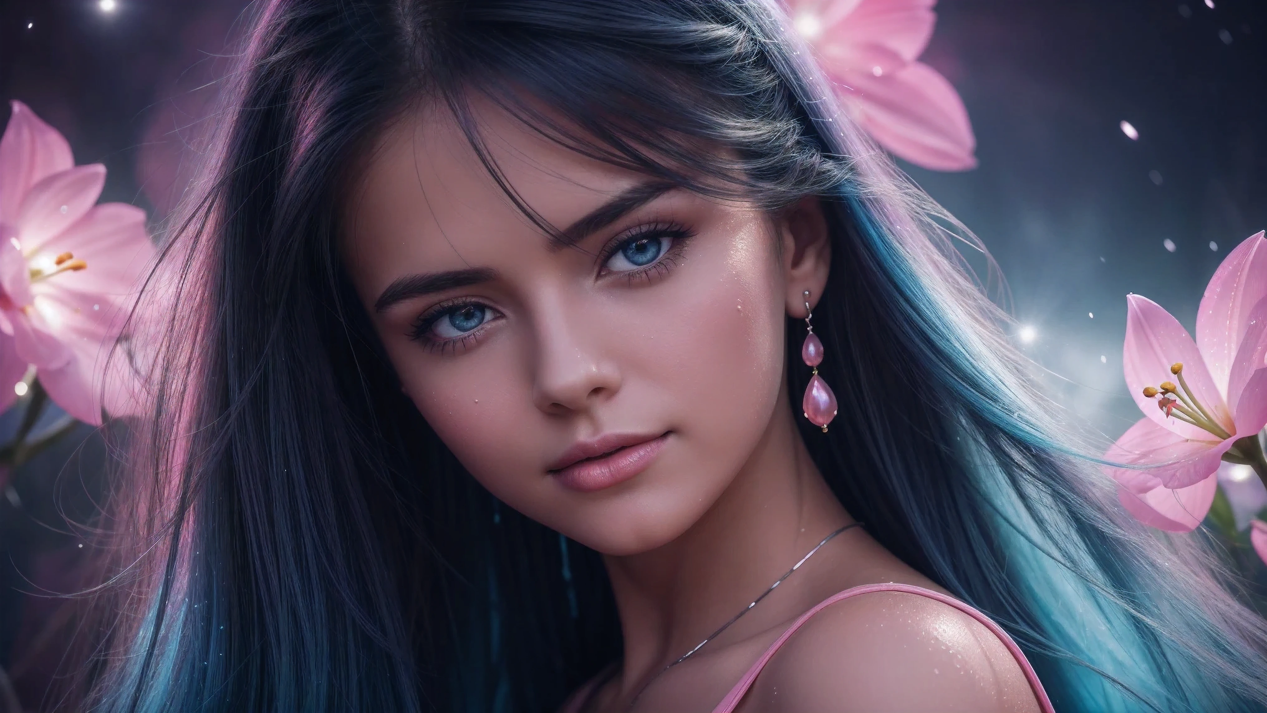 close-upBeautiful realistic girl with blue long hair in the fog,deep atmosphere ,Close-up of clean skin with detailed skin ,,in black tights and a pink blouse ,on an orange background ,Against the background of the starry sky,Bright makeup,EARRINGS WITH GLITTERS,two-leaf gray flower,translucent speckled bifoliate gray,Bioluminescent - Ultra High Quality 8K Music Equalizer, high passion, Rich colors, Soft light, Super detailed photos. ultra high quality 8K, high passion, Noise reduction, яркие Rich colors.. high quality, 8k Ultra HD, high passionhigh quality,мягкие close focus,very beautiful flower, translucent red lily of the valley with dew drop flower, bioluminescent flower glows and shimmers, he grows in a mysterious forest, shrouded in mystery, Сверхhigh quality 8k, high contrast t, Rich colors, Soft light, Ultra-detailed photos. Сверхhigh quality 8k, tall with the spotlight on a girl in a black and red dress.., High detail, realistic beautiful girl with long light yellow hair, Gradient ,girl with good charisma, creative approach to non-standard poses,., Girl in miniskirt, there are splashes of silver dust, and behind him nebula, atmospheric lighting, surrounded by wet dew drops, behind the fantasy world, on a beautiful background, glare, shine, shine, spray drops, high quality, 8k Ultra HD, high contrast, high quality, Soft light, Close-up of a beautiful realistic girl with BRIGHT WHITE TURQUOISE and pink long hair......... ,Close-up of clean skin with detailed skin ,full length, in a short miniskirt, Preparation Realistic room with silver patterns with pearlescent shine,in drops of dew, stands in a beautiful place where there are a lot of rubber hearts ,everything around is pink and blue,grow along the edges with flowers,in the moonlit meadow ,nebula,epic mood,Best quality,ultra detail,Contrast,clear focus,volumetric light