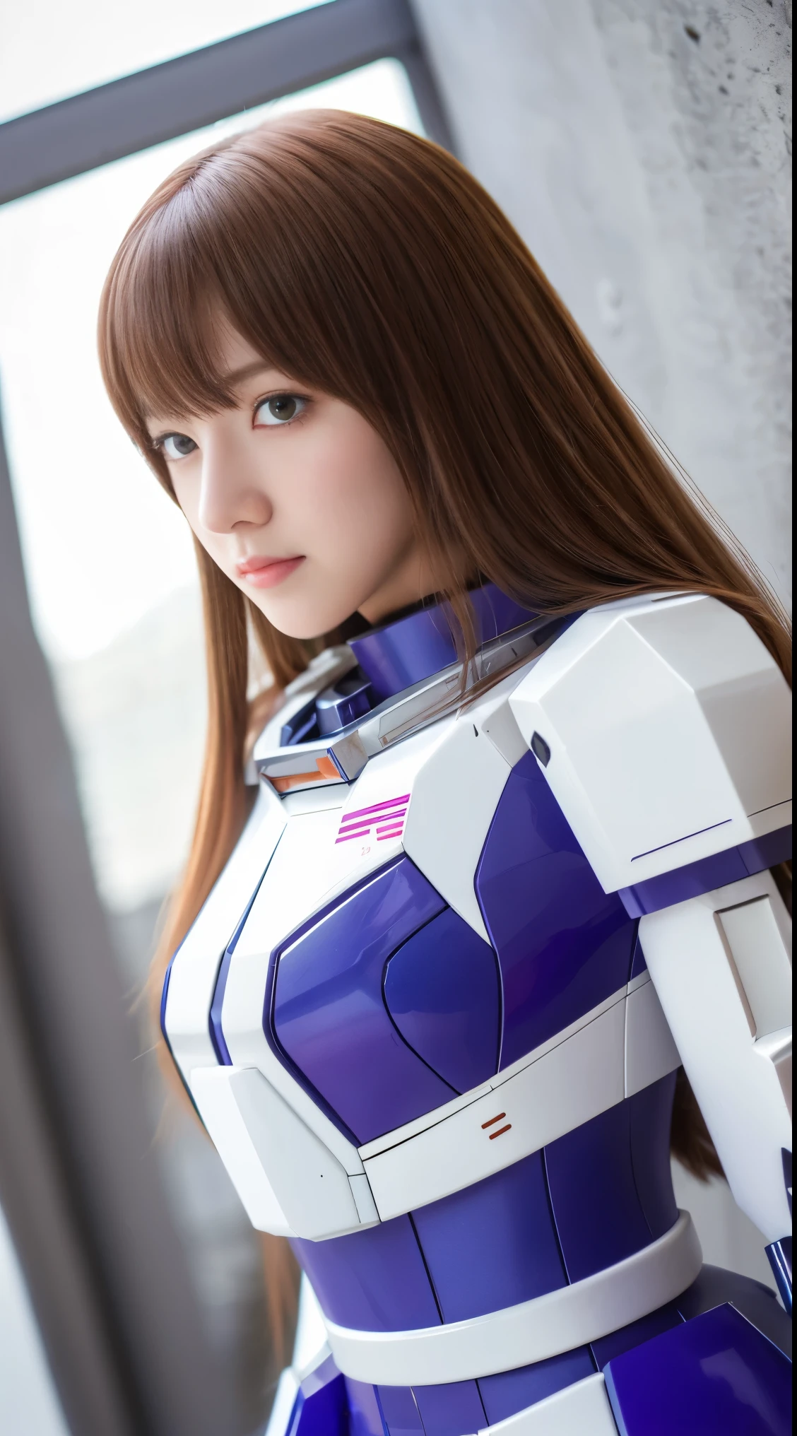 RAW, Masterpiece, Ultra Fine Photo,, Best Quality, Ultra High Resolution, Photorealistic, Sunlight, Full Body Portrait, Stunningly Beautiful,, Dynamic Poses, Delicate Face, Vibrant Eyes, (Side View) a close up of a woman in a pink and white gundam custume, dybamic pose, long brown very very very long long hair rapunzel, girl in mecha cyber armor, portrait armored astronaut girl, d. va from overwatch, female mecha, on a gundam, gundam head, chiho aoshima color scheme, mobile suit, streamlined purple armor, fully robotic!! girl, realistic cosplay, gundam armor (dynamic pose) (best cameraview), full body, sit down