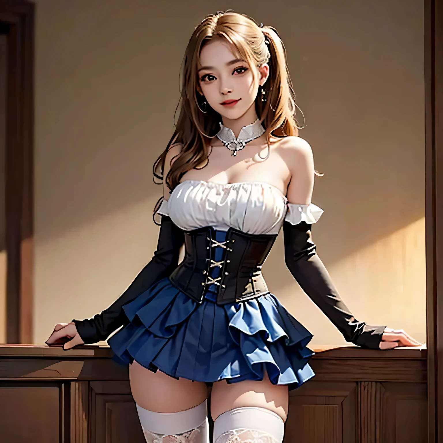 (masterpiece, highest quality:1.2), cowboy shot, alone, 1 girl, cheryl nome, smile, closed mouth, big breasts, thin waist , looking at the viewer, strapless dress, corset, ((layered skirt)), ((Thighhighs)), bare shoulders, blonde