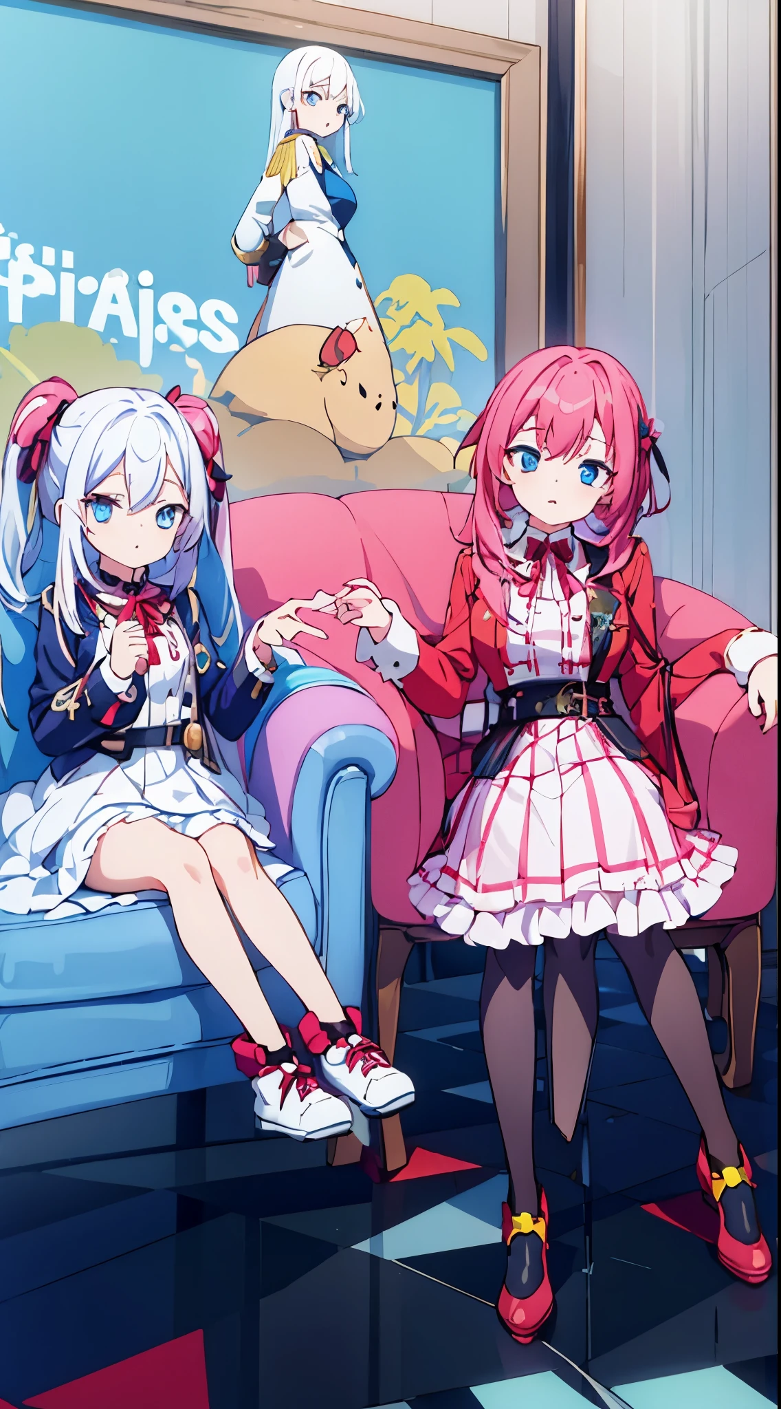 2 girls with white hair red hair blue eyes with  uniform and the other with pink and black idol outfit sitting in an armchair