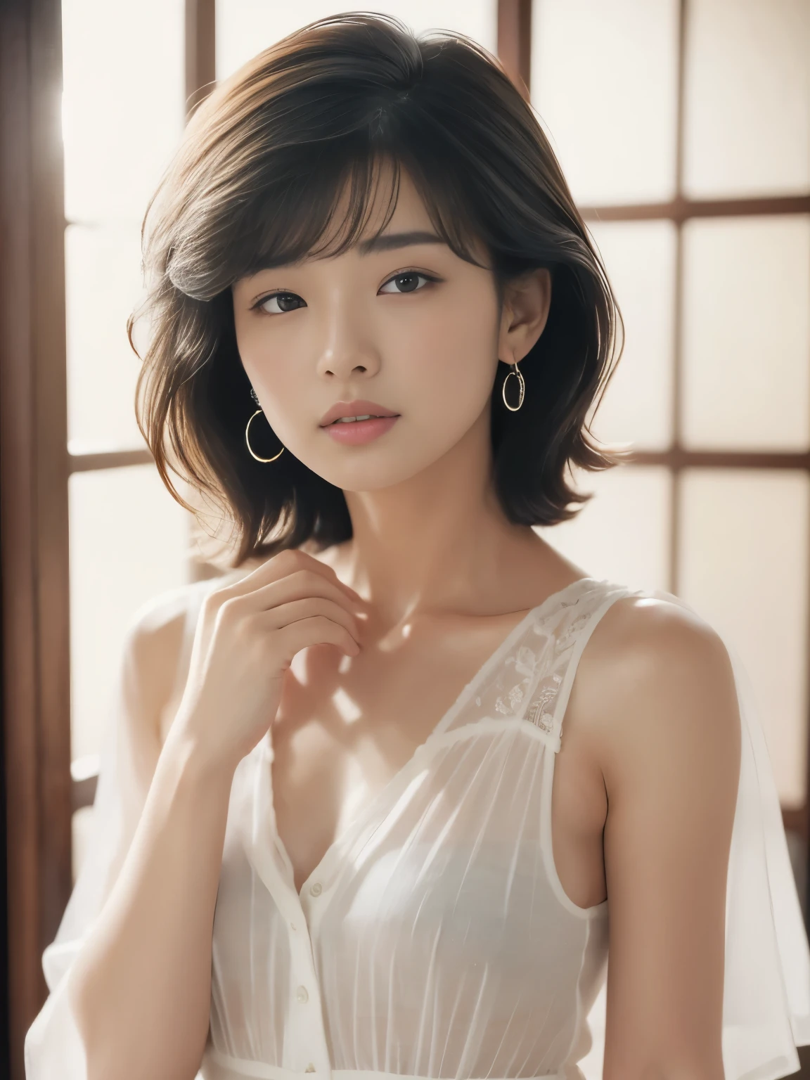 High resolution, Raw photo, Photorealistic, Extremely delicate and beautiful, Extremely detailed, finely detail, Highly detailed CG Unity 8k wallpaper, Ultra-detailed, (Best Quality, 8K, 32K, masterpiece, UHD:1.2), Photo of 1970s beautiful Japanese woman in floral collared blouse, short hair, earrings, silver necklace, old cafe,