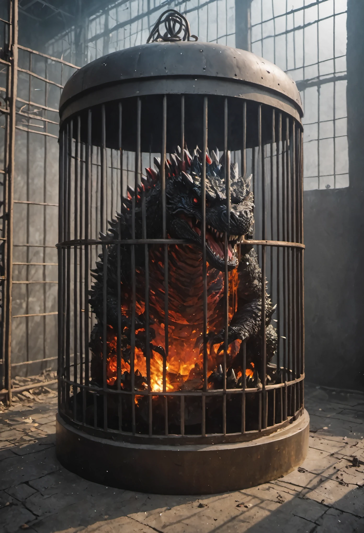 A huge iron cage has always been imprisoning 怪兽哥吉拉.Exploded,Monster Godzilla in a cage