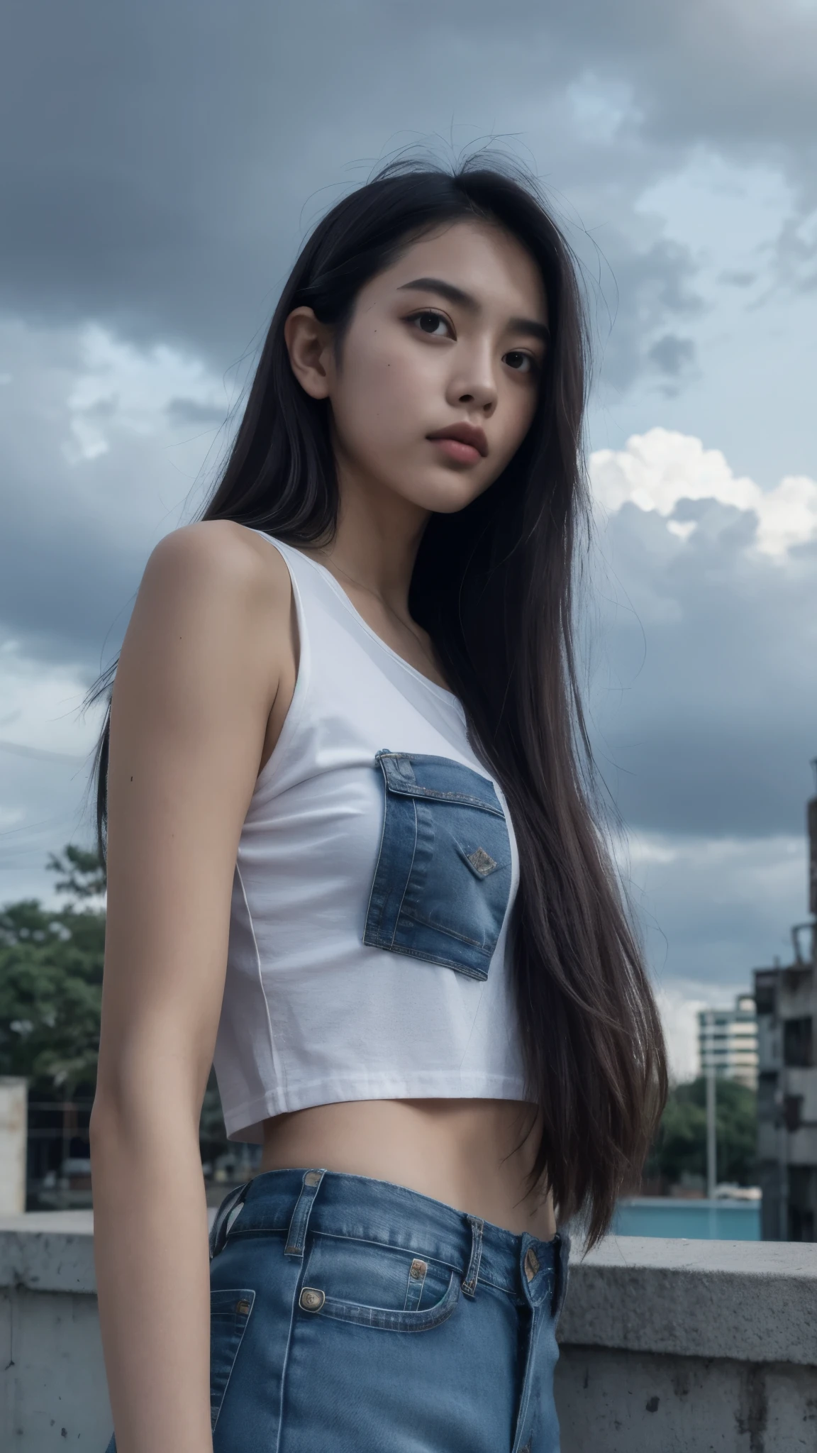 Thai Woman, look at viewer, long hair, shirt, jeans, cloud, day, sky,outdoors, post-apocalypse, ruins, scenery, tree, water ,An ultra-detailed medium shot of stylish girl with beautiful eyes, vaporwave, neon lights, focal blur, long exposure
