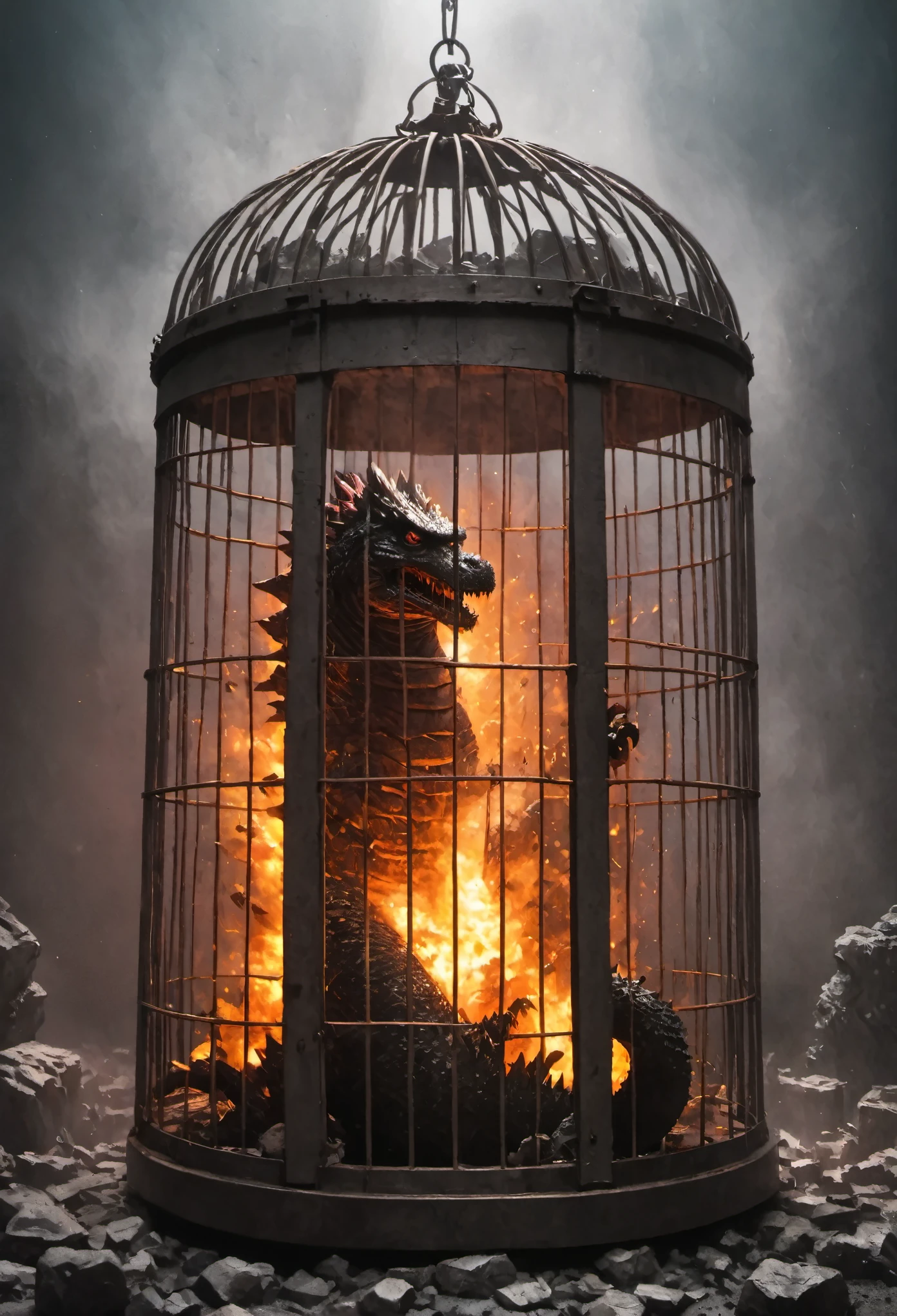 A huge iron cage has always been imprisoning 怪兽哥吉拉.Exploded，Monster Godzilla in a cage