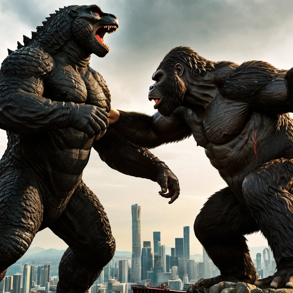 Godzilla vs King kong. Detailed picture. Many scars and bloods.