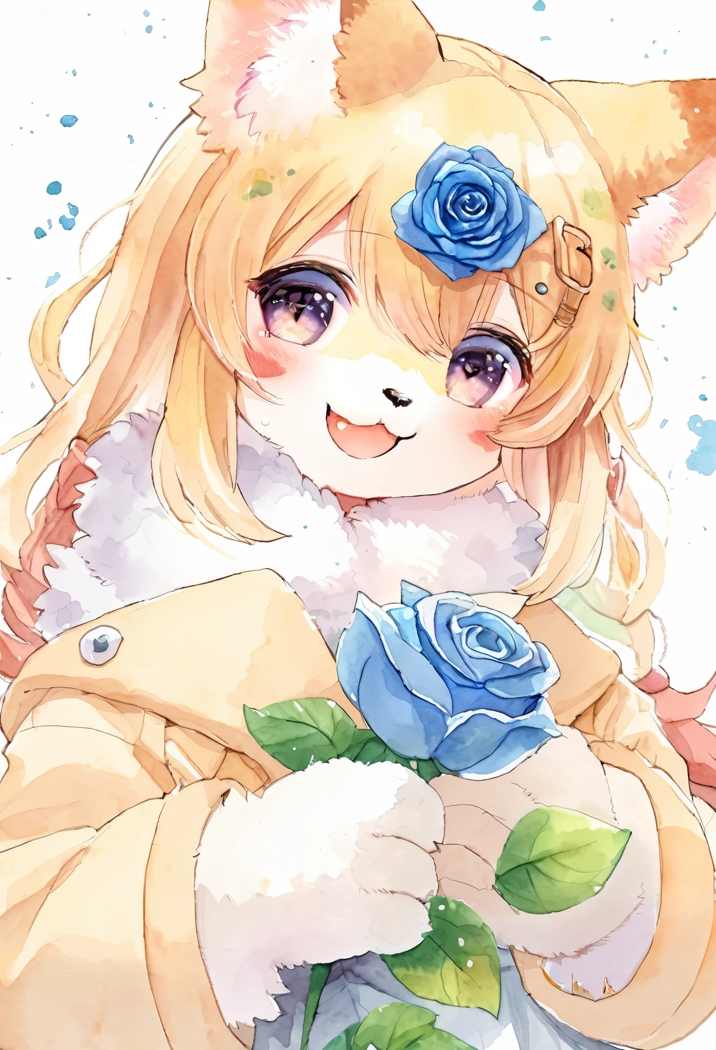 Watercolor elements, 1girl, kemono, furry, detailed body fur, animal face, animal hand, A girl who is happy to be offered a blue rose,