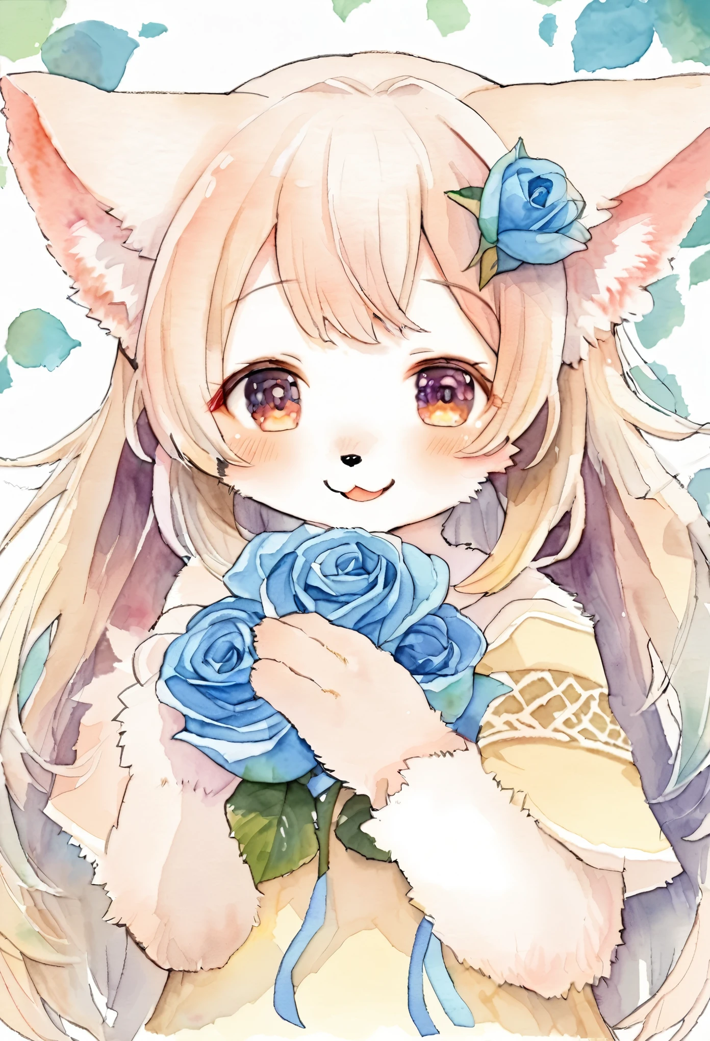 Watercolor elements, 1girl, kemono, furry, detailed body fur, animal face, animal hand, A girl who is happy to be offered a blue rose,