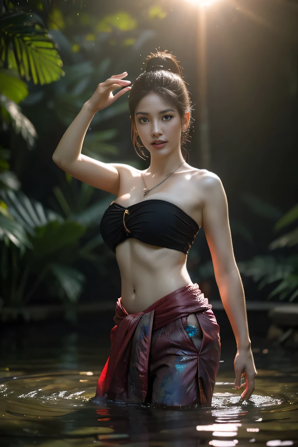 beautiful girl ,Thai Female Warrior, bathing in a swiming pool at the forest, dynamic poses, Red and black strapless shirt, Long ponytail,black eyes,abdominal muscles,plumpy body, rounded breast, (big breast:1.3), cleavage, Morning sunshine,Eyes on the audience,rain,((face details)),Double eyelids, reeds, (backlighting), realistic, masterpiece, highest quality, lens flare, shade, bloom, [[chromatic aberration]], by Jeremy Lipking, by Antonio J. Manzanedo, digital painting, HDR, high contrast
