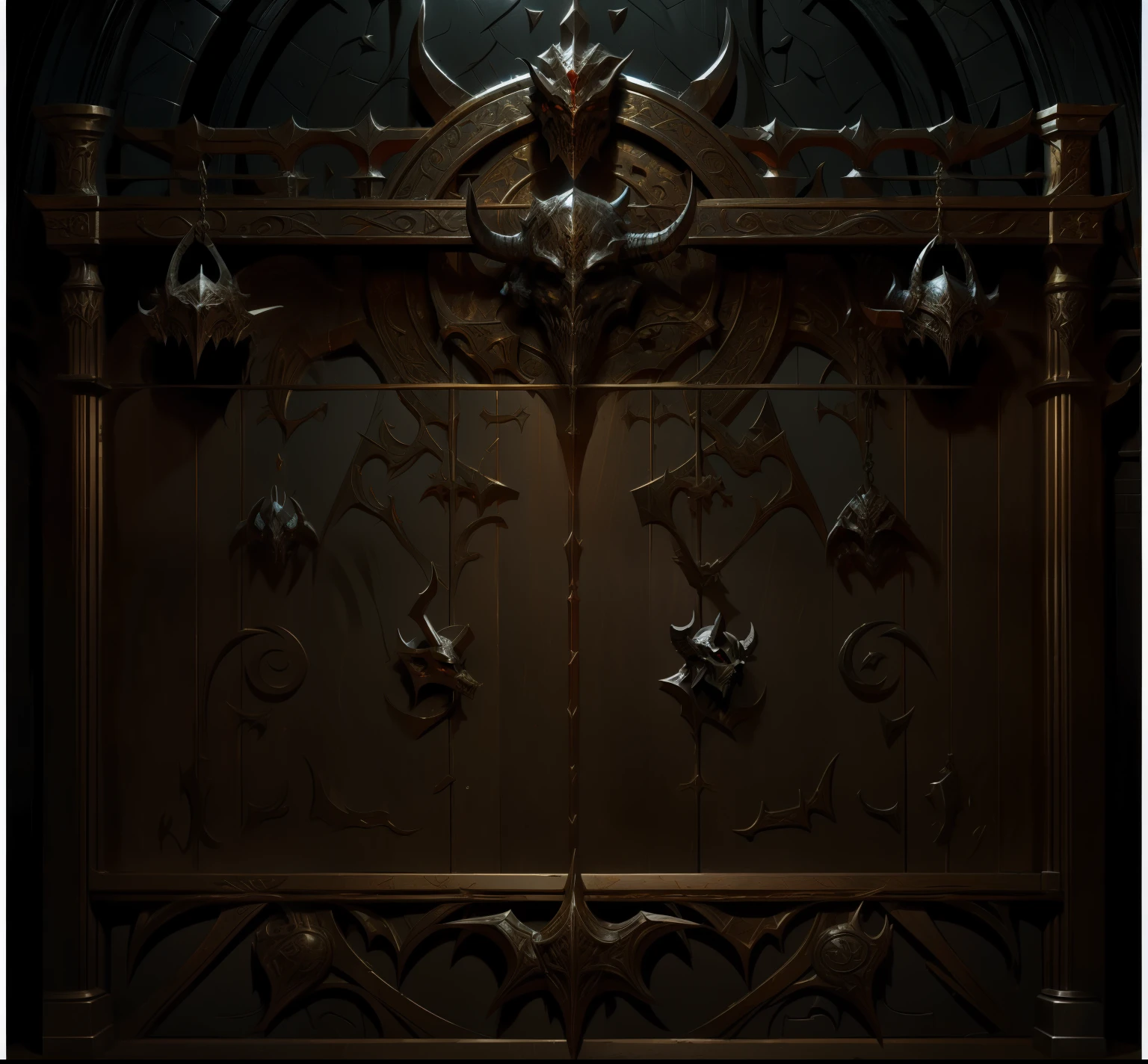 A large medieval shelf，Small devil head decoration，Storage Racks，concept art,  game overlay, 8k hd wallpaperjpeg artifact, 8 k hd wallpaperjpeg artifact, warcraft blizzard weapon art,Demon Head,  card frame, Metal, Diablo concept, Blizzard concept, game concept design，（Do not appear characters related),