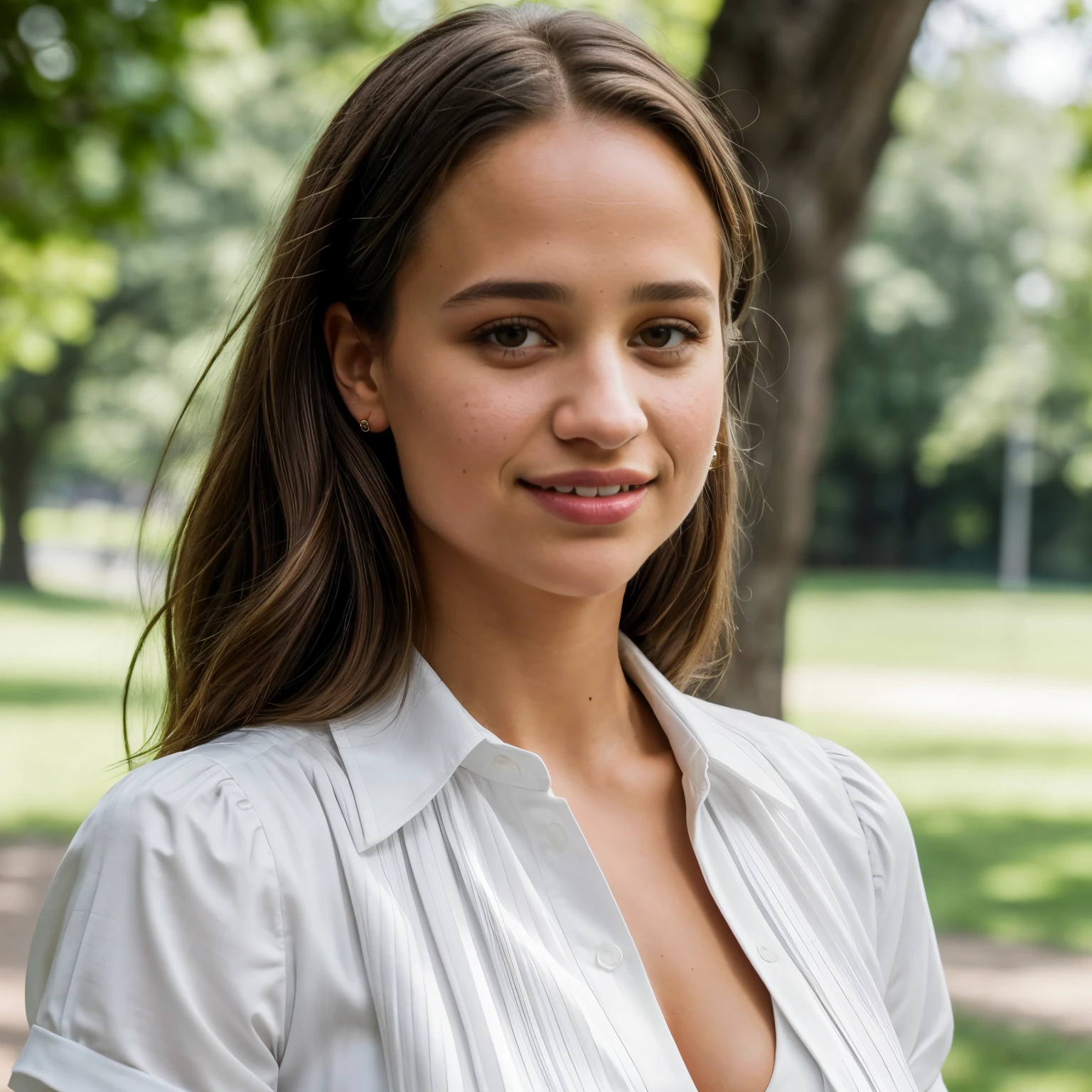 (best quality:10k, high res, masterpiece:1.2), ultra-detailed, ((photo-realistic:1.37)), ((best quality)), ((masterpiece)), (detailed), ((full body)), ((NSFW)), ((32-year-old Alicia Vikander in sexy high school uniform)), cheeky smile, short hair, ((grey pleated ultra-micromini skirt showing a glimpse of white panties beneath the hemline)), (white shirt), white socks, black loafers, grey tie, can see a little chest through blouse, natural skin tones, from below, in the brightly lit park, ((bright vibrant realistic colours)), ((close-up on her face)),