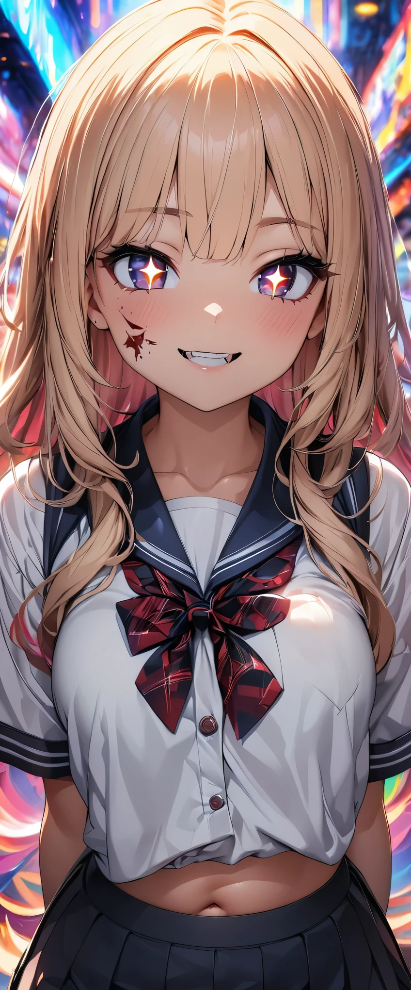 (highest quality, 4k, 8K high resolution, masterpiece:1.2), Super detailed,(1 girl, (JK, schoolgirl), long hair), (star-shaped pupil, +_+, pupil in the shape of a symbol, sparkling eyes), (open your mouth, Cute Fangs), (looking at the viewer, light smile, belly button), vampire, blood on my face, Blood on clothes, (chromatic aberration, abstract, colorful background),