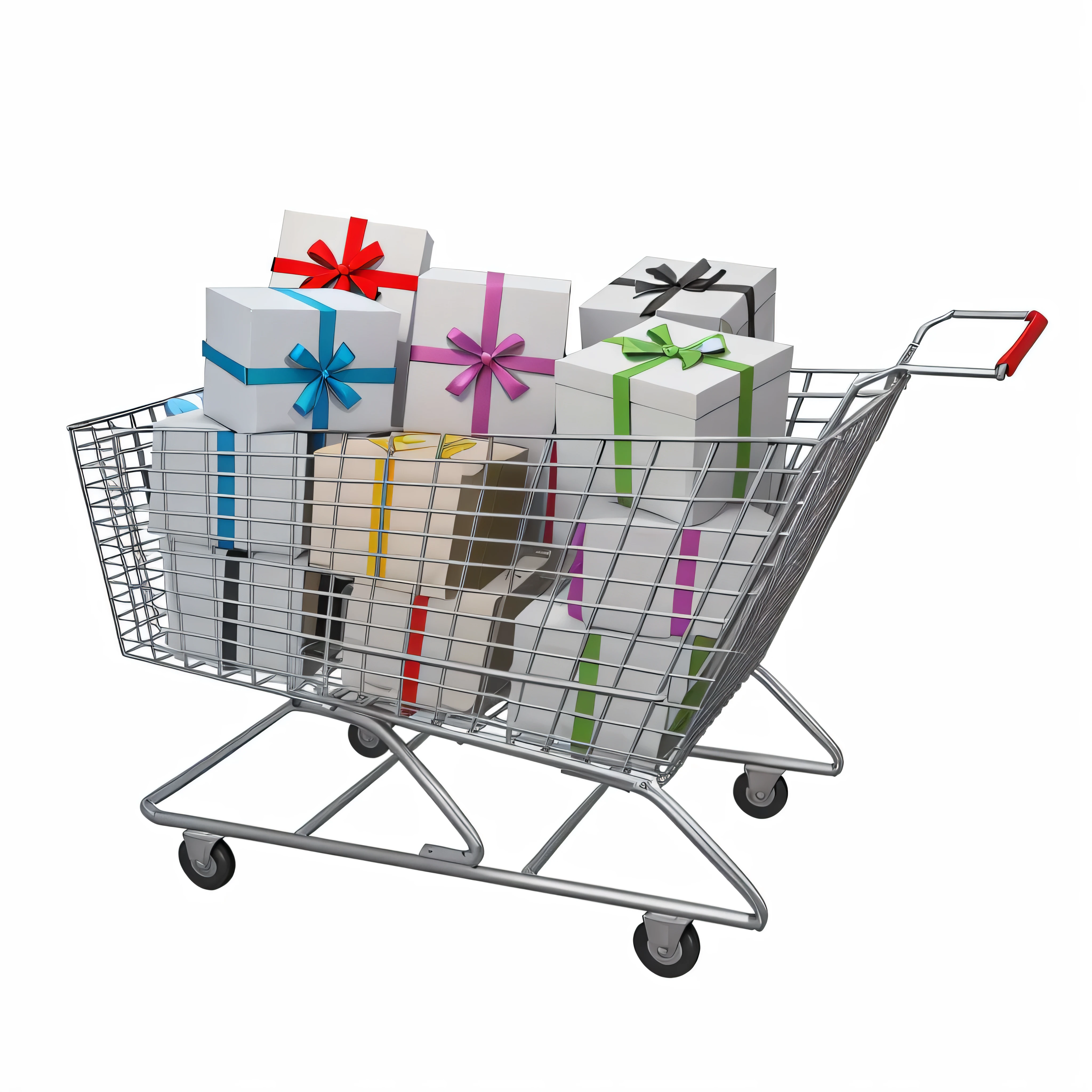 arafed shopping cart with gifts in it on a white background, shopping cart, ecommerce photograph, cart, shopping cart icon, gifts, presents, shopping carts full of groceries, holiday season, cutest, giving gifts to people, rendering, sales, professionally designed, amazing graphics, overload, 3d marketplace, mobile, high res, low resolution, stock image