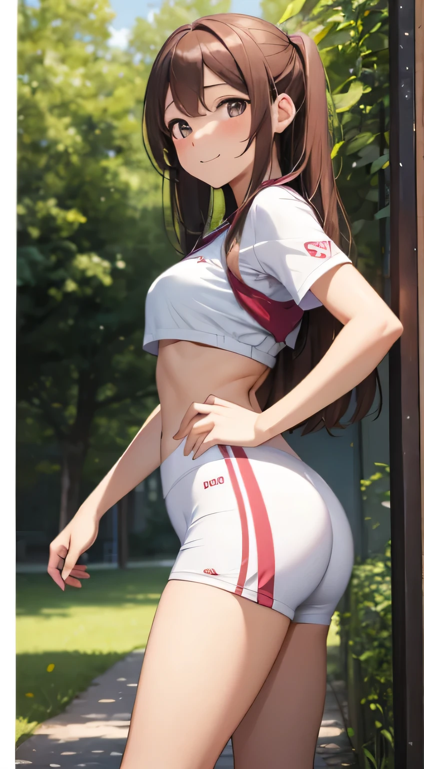 best quality, Riko Sakunauchi, 1fille seulement, ******, sourire, rougit, yeux marrons, cheveux longs marron, sueur, transpiration, fille cours dehors, soutien gorge de sport blanc, short de sport rouge, sueur sur tout le corps, jupe de sport, jupe relever, culotte rose, petit seins