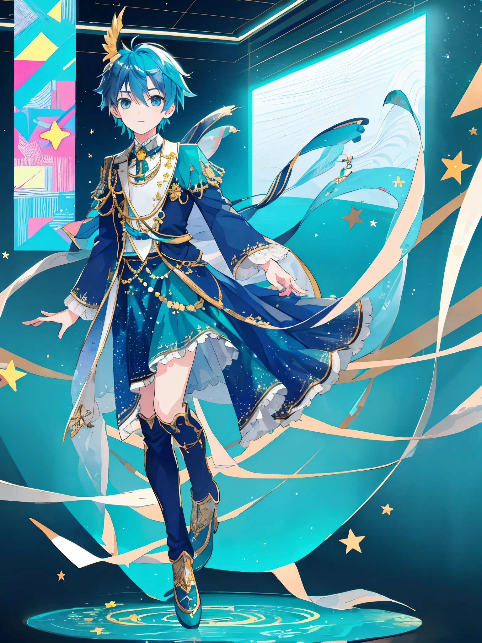 ((Full body)), (a boy), male role, ((idol costume)), ((blue hair)), ((teal eyes)), high quality
