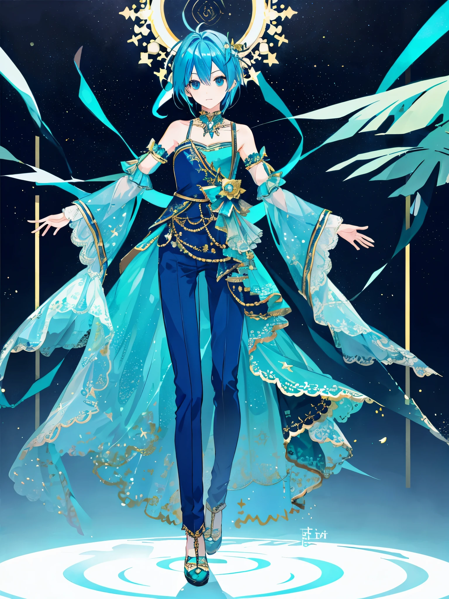 ((Full body)), (a boy), male role, ((idol costume)), ((blue hair)), ((teal eyes)), high quality