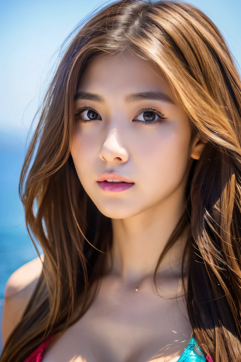 masterpiece、1 beautiful girl、 (reality: 1.4), Japanese、asian beauty、super beautiful、beautiful skin、thin、upper body、(超reality的な)、(High resolution)、(8K)、(very detailed)、(beautiful detailed eyes)、(Super detailed)、(detailed eye description)、big eyes、brown eyes、long eyelashes、detailed face、gloss lip,bright lighting、professional lighting、looking at the camera、serious expression、look straight ahead、long hair、brown hair、sea landscape、Nogizaka Idol、actress、20-year-old、big breasts、big breasts、wet skin、Red latex suit、cleavage cutout、baby face、Moisturized and realistic skin texture、moist lips、natural shadows、(arms up),