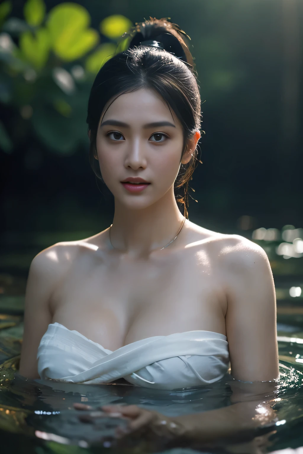 beautiful girl ,Thai Female Warrior, bathing in a swiming pool at the forest, dynamic poses, Red and black strapless shirt, Long ponytail,black eyes,abdominal muscles,plumpy body, rounded breast, (big breast:1.3), cleavage, Morning sunshine,Eyes on the audience,rain,((face details)),Double eyelids, reeds, (backlighting), realistic, masterpiece, highest quality, lens flare, shade, bloom, [[chromatic aberration]], by Jeremy Lipking, by Antonio J. Manzanedo, digital painting, HDR, high contrast

