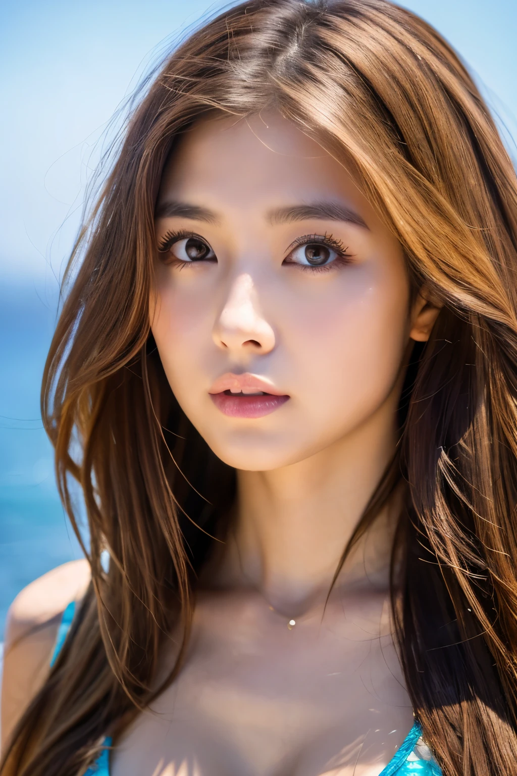 masterpiece、1 beautiful girl、 (reality: 1.4), Japanese、asian beauty、super beautiful、beautiful skin、thin、upper body、(超reality的な)、(High resolution)、(8K)、(very detailed)、(beautiful detailed eyes)、(Super detailed)、(detailed eye description)、big eyes、brown eyes、long eyelashes、detailed face、gloss lip,bright lighting、professional lighting、looking at the camera、serious expression、look straight ahead、long hair、brown hair、sea landscape、Nogizaka Idol、actress、20-year-old、big breasts、big breasts、wet skin、Red latex suit、cleavage cutout、baby face、Moisturized and realistic skin texture、moist lips、natural shadows、(arms up),nsfw,