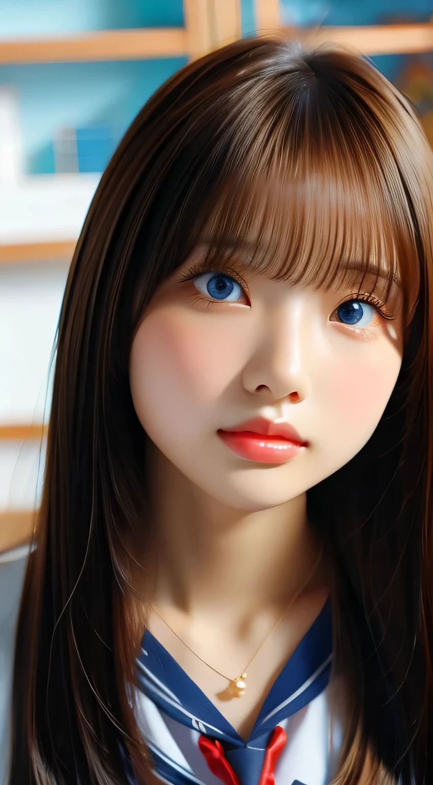 A sexy 17-year-old with dazzling shiny hair, cute and sexy little beautiful face、complete beauty、Shining hair dancing in front of a cute face、long silky bangs that cover the eyes、hair that hides the face、too long hair、sexy cute young woman、super long blonde shiny bright hair、white skin、glowing skin、gross face、cheek gloss、small face beauty、Bright and pale sky blue eyes、very big eyes、bright look、big and full breasts、、sailor suit