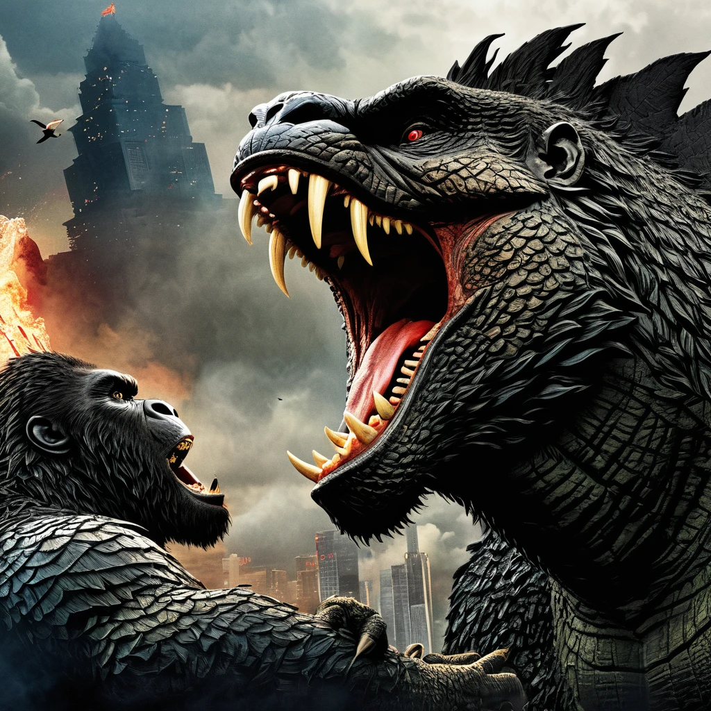 Godzilla vs King kong. Detailed picture. Many scars and bloods. 