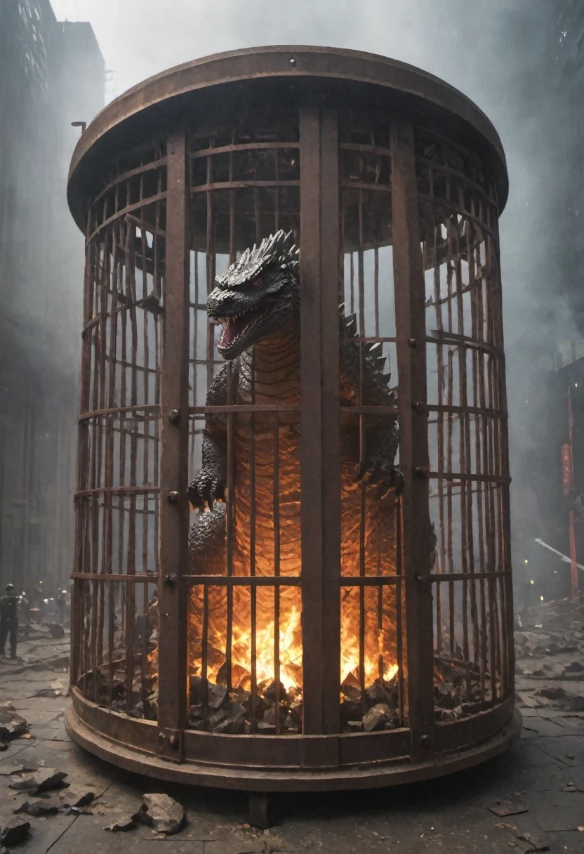 A huge iron cage has always been imprisoning 怪兽哥吉拉.Exploded，Monster Godzilla in a cage，The Japanese people cheered