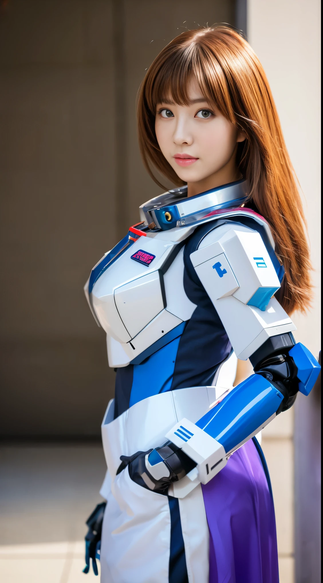 RAW, Masterpiece, Ultra Fine Photo,, Best Quality, Ultra High Resolution, Photorealistic, Sunlight, Full Body Portrait, Stunningly Beautiful,, Dynamic Poses, Delicate Face, Vibrant Eyes, (Side View) a close up of a woman in a pink and white gundam custume, dybamic pose, long brown very very very long long hair rapunzel, girl in mecha cyber armor, portrait armored astronaut girl, d. va from overwatch, female mecha, on a gundam, gundam head, chiho aoshima color scheme, mobile suit, streamlined purple armor, fully robotic!! girl, realistic cosplay, gundam armor (dynamic pose) (best cameraview), full body, sit down