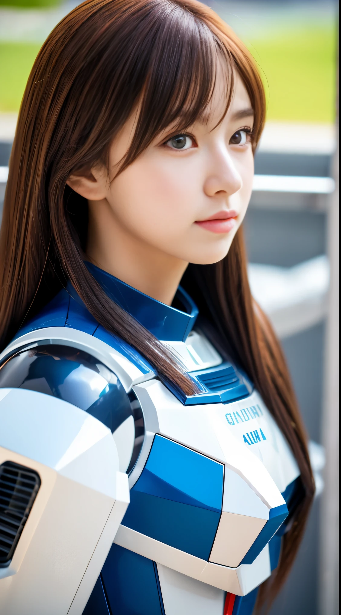 RAW, Masterpiece, Ultra Fine Photo,, Best Quality, Ultra High Resolution, Photorealistic, Sunlight, Full Body Portrait, Stunningly Beautiful,, Dynamic Poses, Delicate Face, Vibrant Eyes, (Side View) a close up of a woman in a pink and white gundam custume, dybamic pose, long brown very very long hair rapunzel, girl in mecha cyber armor, portrait armored astronaut girl, d. va from overwatch, female mecha, on a gundam, gundam head, chiho aoshima color scheme, mobile suit, streamlined purple armor, fully robotic!! girl, realistic cosplay, gundam armor (dynamic pose) (best cameraview), full body