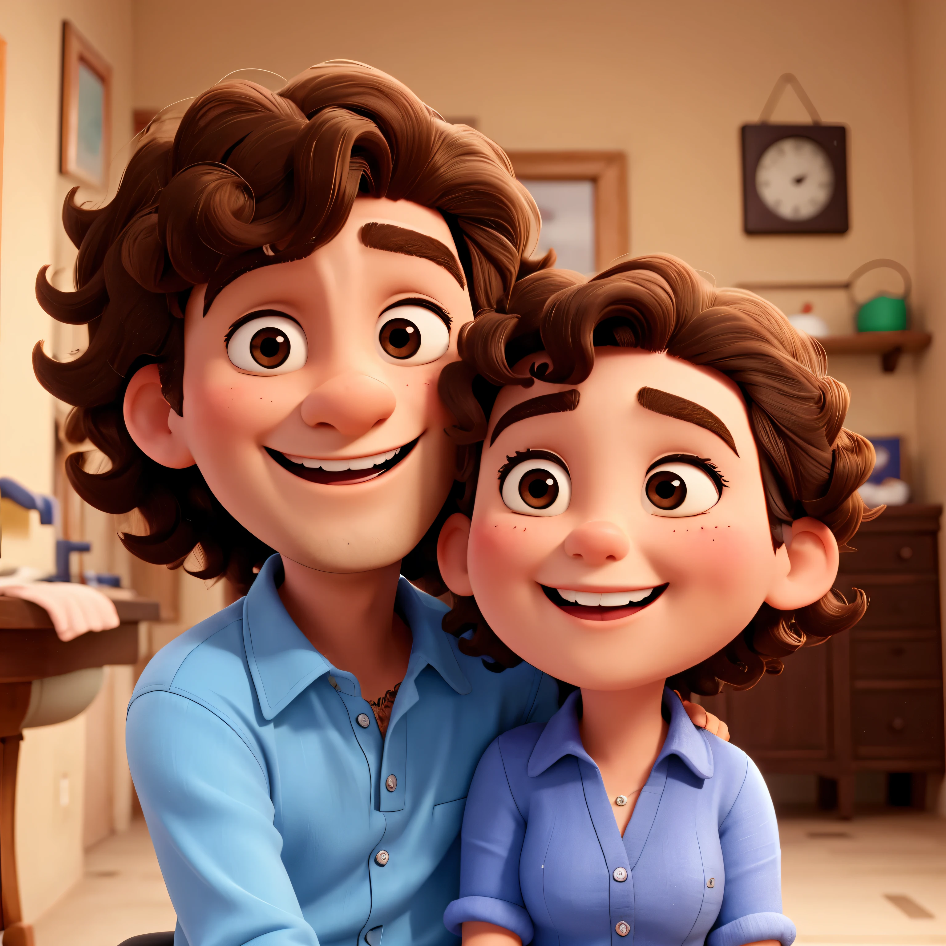 Casal dando boas risadas. Rosto oval do marido com pouco cabelo. Esposa, rosto redondo, gordinho, cabelo curto e cacheado