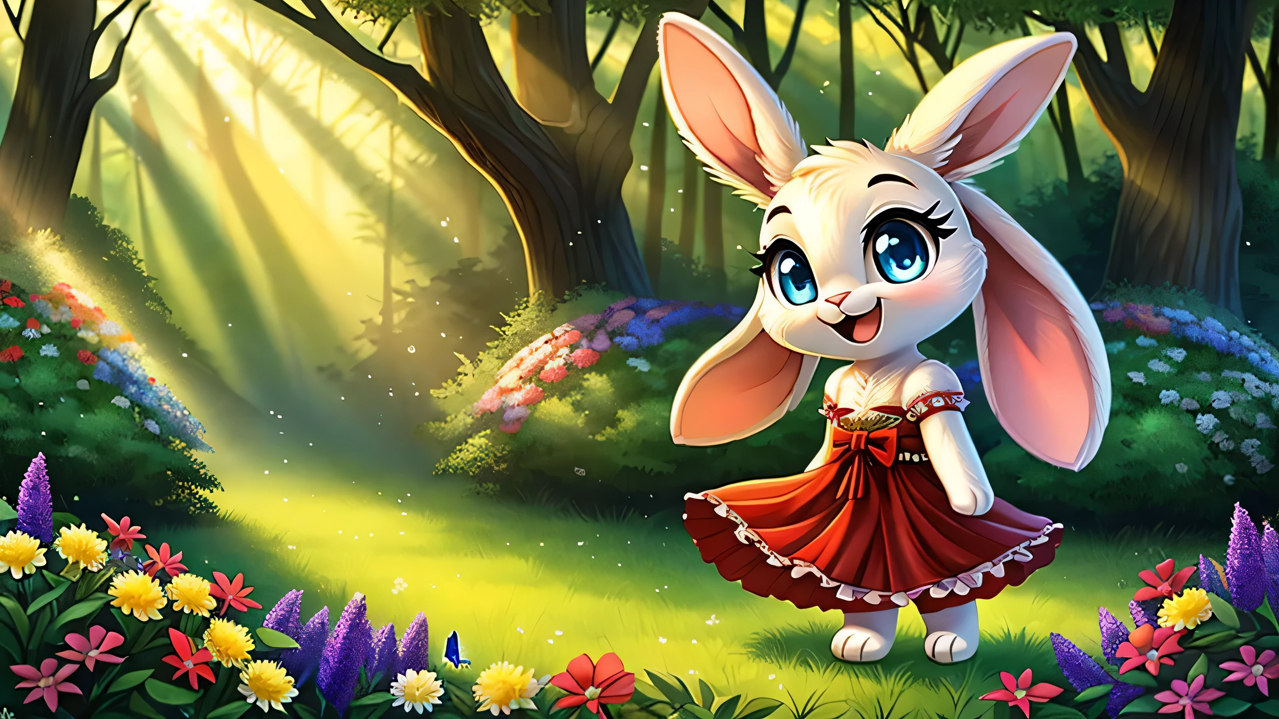 zoomed out image, ((solo character)), cute style art, fantasy style art, cute, adorable, short character, small, tiny little fluffy female white bunny with blue eyes, 4 ears, 2 extra ears, big floppy ears, long ears, ears perked up, raised ears, long eyelashes, poofy rabbit tail, wearing a red frilly ribbon dress, smiling, standing in a thick green forest, realistic forest, soft tones, big expressive smile, open mouth, wide eyes, excited eyes, excited face, looking at the scenery, looking at the trees in wonder, exploring happily, stunning visuals, sunlight coming through the trees, flowers scattered in the bushes, butterflies in the air, digital illustration