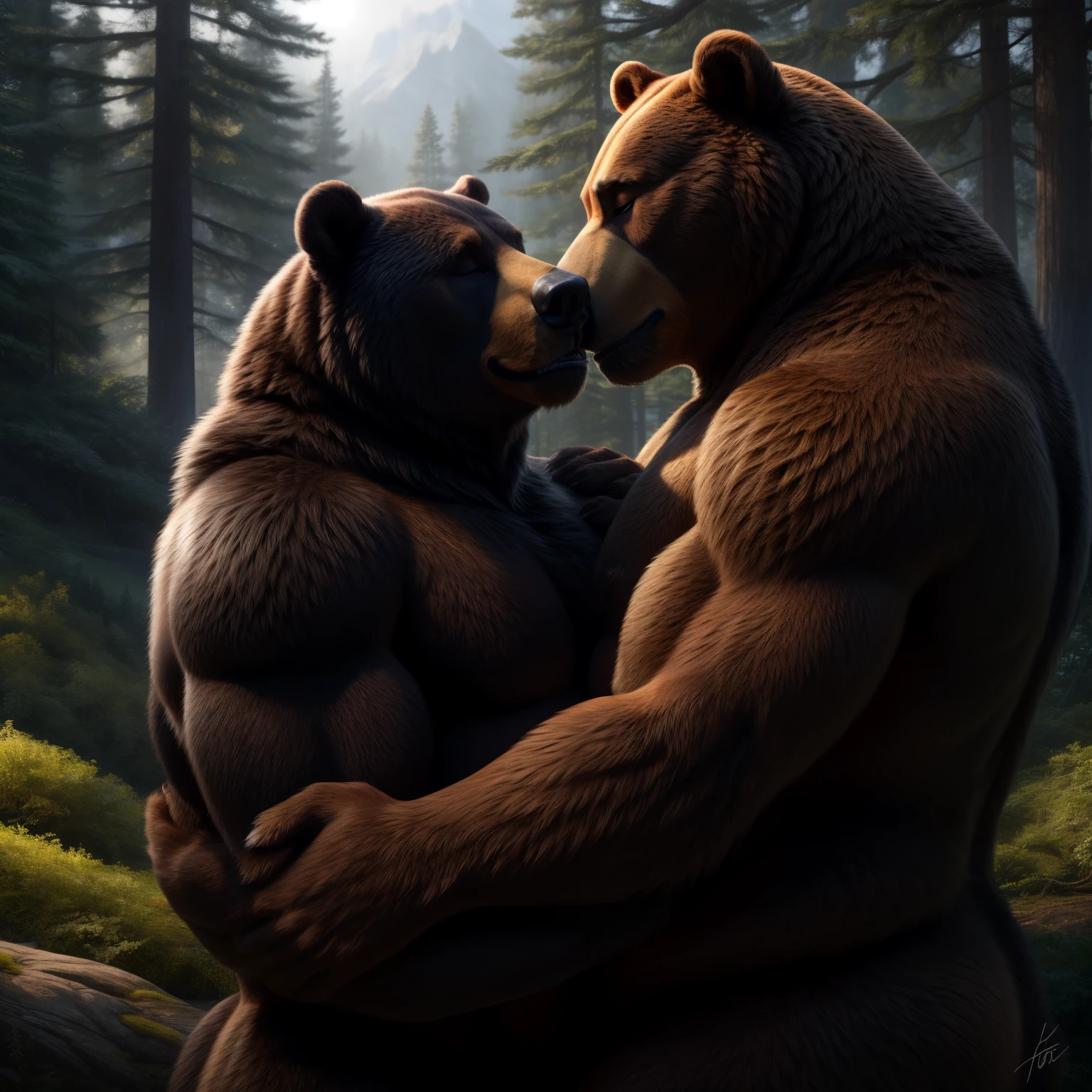 A muscular male bear in an intimate position, making love to another bear, both of them showcasing their masculine forms. The scene is rendered in the highest quality, with intricate details and a realistic atmosphere, set against a backdrop of a serene forest. The bears' expressions are full of pleasure, their delicate eyes closed in ecstasy. The scene is masterpiece in the world of anthropomorphic art, with a detailed and expressive depiction of their muscular bodies covered in thick, glossy fur. The lighting in the scene is soft and inviting, casting a gentle glow over the scene, making it a truly unforgettable encounter between two captivating bears. (by ArticF