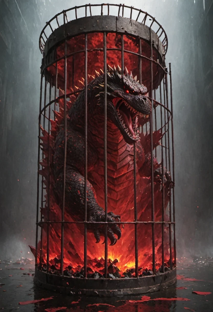 A huge iron cage has always been imprisoning 怪兽哥吉拉.Exploded，Monster Godzilla in a cage，hell，River of blood，frustrated，struggle