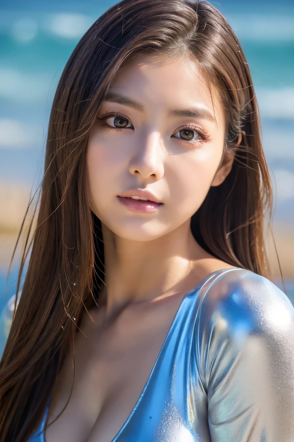 masterpiece、1 beautiful girl、 (reality: 1.4), Japanese、asian beauty、super beautiful、beautiful skin、thin、(upper body)、(超reality的な)、(High resolution)、(8K)、(very detailed)、(beautiful detailed eyes)、(Super detailed)、(detailed eye description)、big eyes、brown eyes、long eyelashes、detailed face、gloss lip,bright lighting、professional lighting、looking at the camera、serious expression、look straight ahead、long hair、brown hair、sea landscape、Nogizaka Idol、actress、20-year-old、big breasts、big breasts、wet skin、silver latex suit、cleavage cutout、、Moisturized and realistic skin texture、moist lips、natural shadows、(arms up),nsfw,