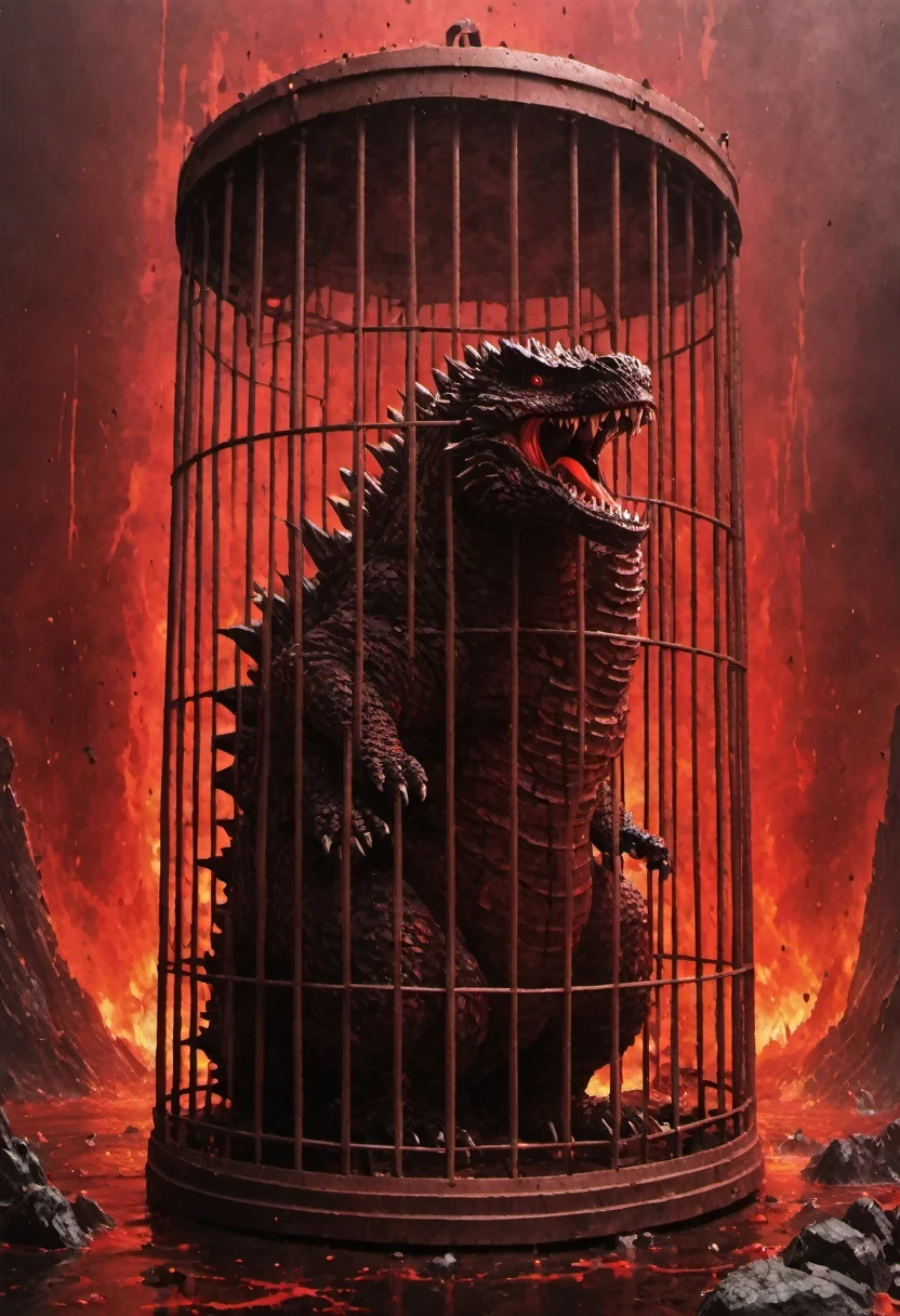 A huge iron cage has always been imprisoning 怪兽哥吉拉.Exploded，Monster Godzilla in a cage，hell，River of blood，frustrated，struggle