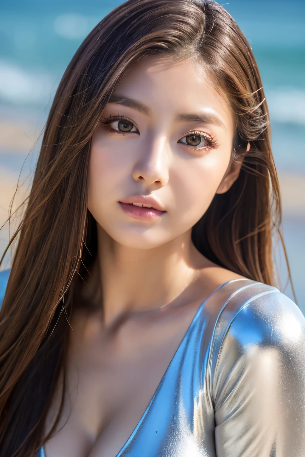 masterpiece、1 beautiful girl、 (reality: 1.4), Japanese、asian beauty、super beautiful、beautiful skin、thin、(upper body)、(super reality)、(High resolution)、(8K)、(very detailed)、(beautiful detailed eyes)、(Super detailed)、(detailed eye description)、big eyes、brown eyes、long eyelashes、detailed face、gloss lip,bright lighting、professional lighting、looking at the camera、serious expression、look straight ahead、long hair、brown hair、sea landscape、Nogizaka Idol、actress、20-year-old、(big breasts)、wet skin、silver latex suit、cleavage cutout、baby face、Moisturized and realistic skin texture、moist lips、natural shadows、(arms up),nsfw,