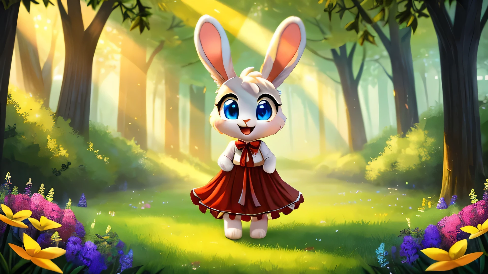 zoomed out image, ((solo character)), cute style art, fantasy style art, cute, adorable, short character, small, tiny little fluffy female white bunny with blue eyes, 4 ears, 2 extra ears, big floppy ears, long ears, ears perked up, raised ears, long eyelashes, poofy rabbit tail, wearing a red frilly ribbon dress, smiling, standing in a thick green forest, realistic forest, soft tones, big expressive smile, open mouth, wide eyes, excited eyes, excited face, looking at the scenery, looking at the trees in wonder, exploring happily, stunning visuals, sunlight coming through the trees, flowers scattered in the bushes, butterflies in the air, digital illustration