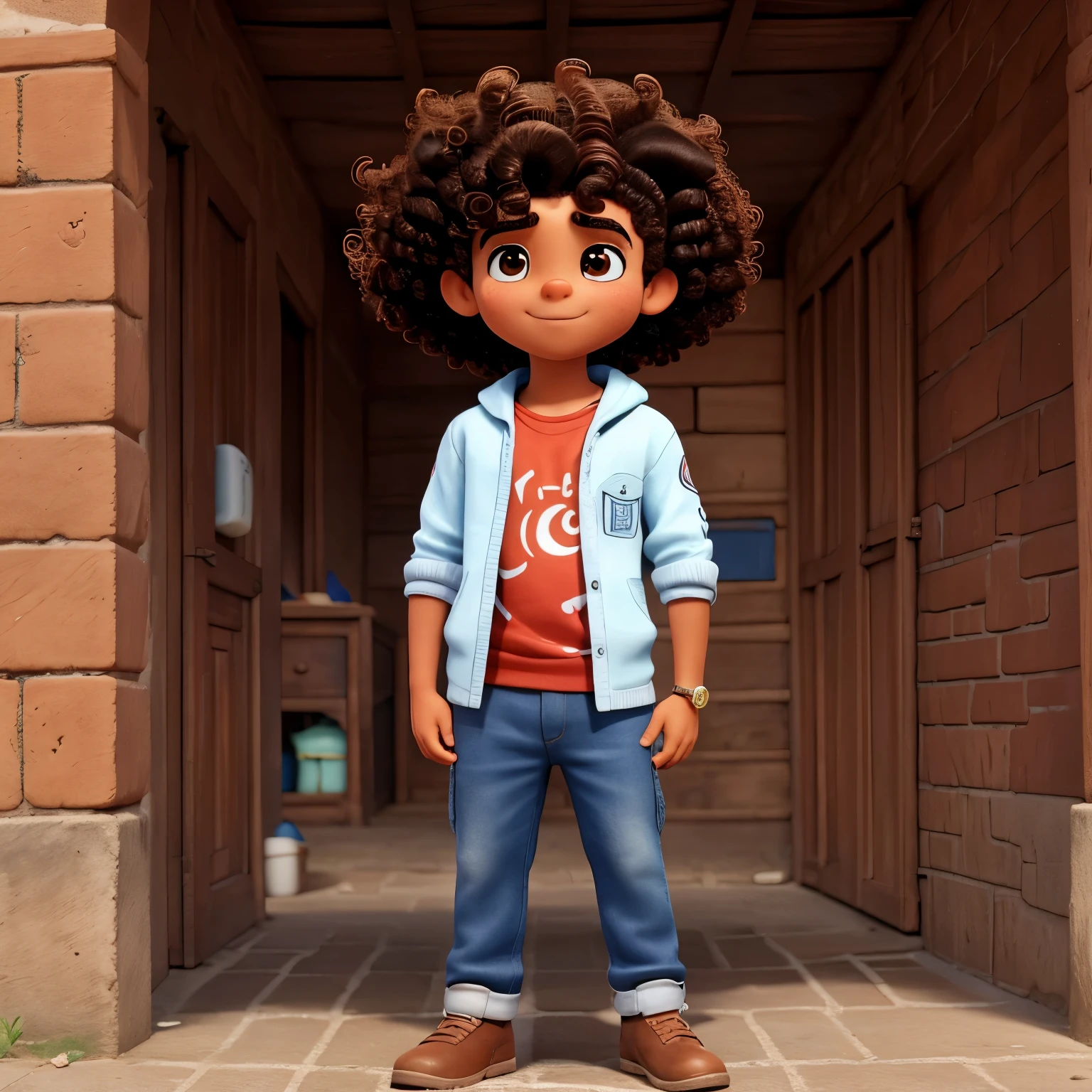 Criar homem moreno da pele levemente escura, medium curly hair, cavanhaque loiro, vestimentas largas moda street wear, de aproximadamente 18 a 19 anos de idade,