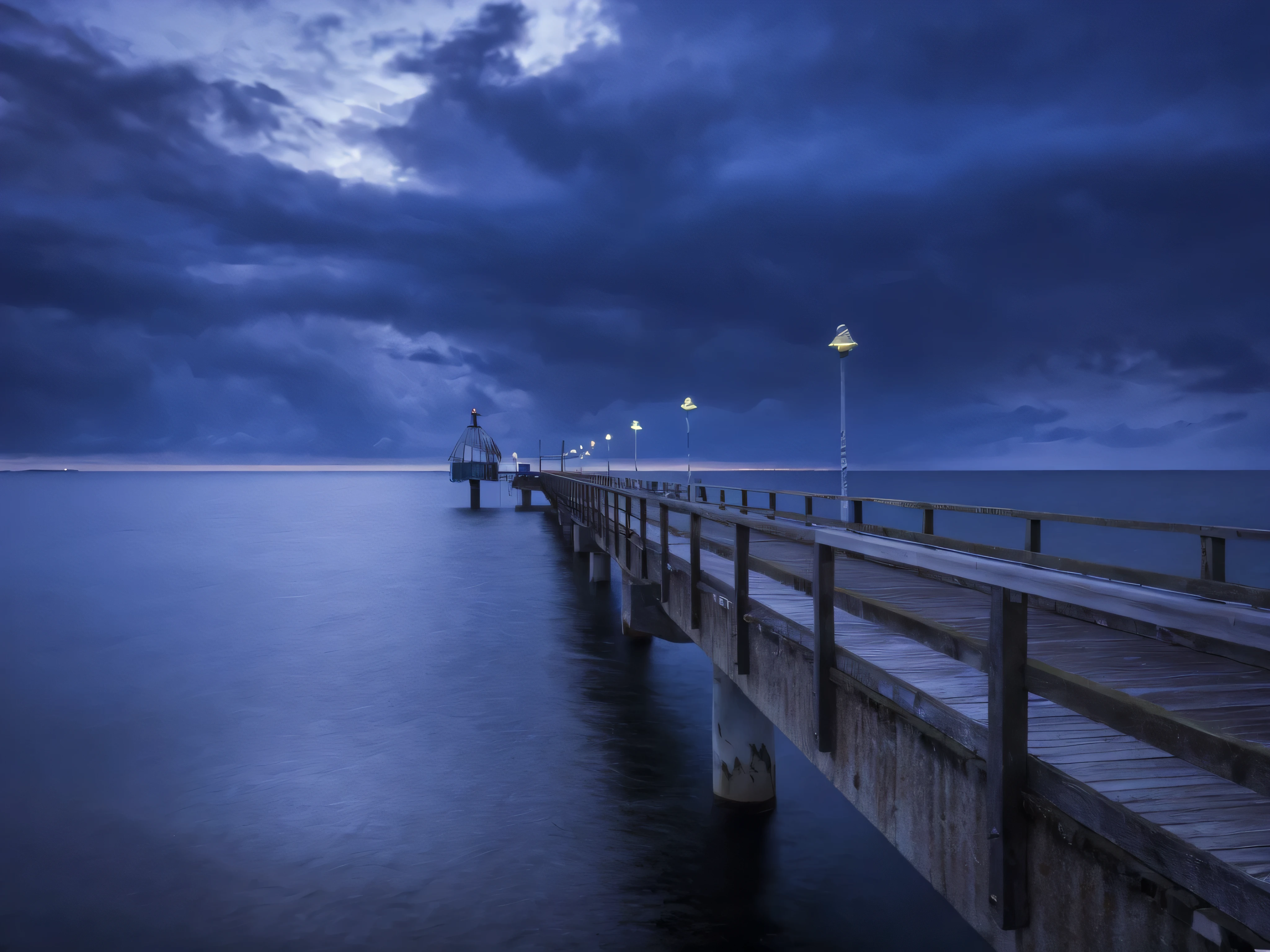arafed pier with a light house and a dark sky, blue hour lighting, blue hour photography, blue hour, overcast dusk, near a jetty, photography shot at blue hour, overcast dawn, serene overcast atmosphere, by Karl Hagedorn, overcast mood, moody setting, by Juergen von Huendeberg, by Wolfgang Zelmer, moody scene