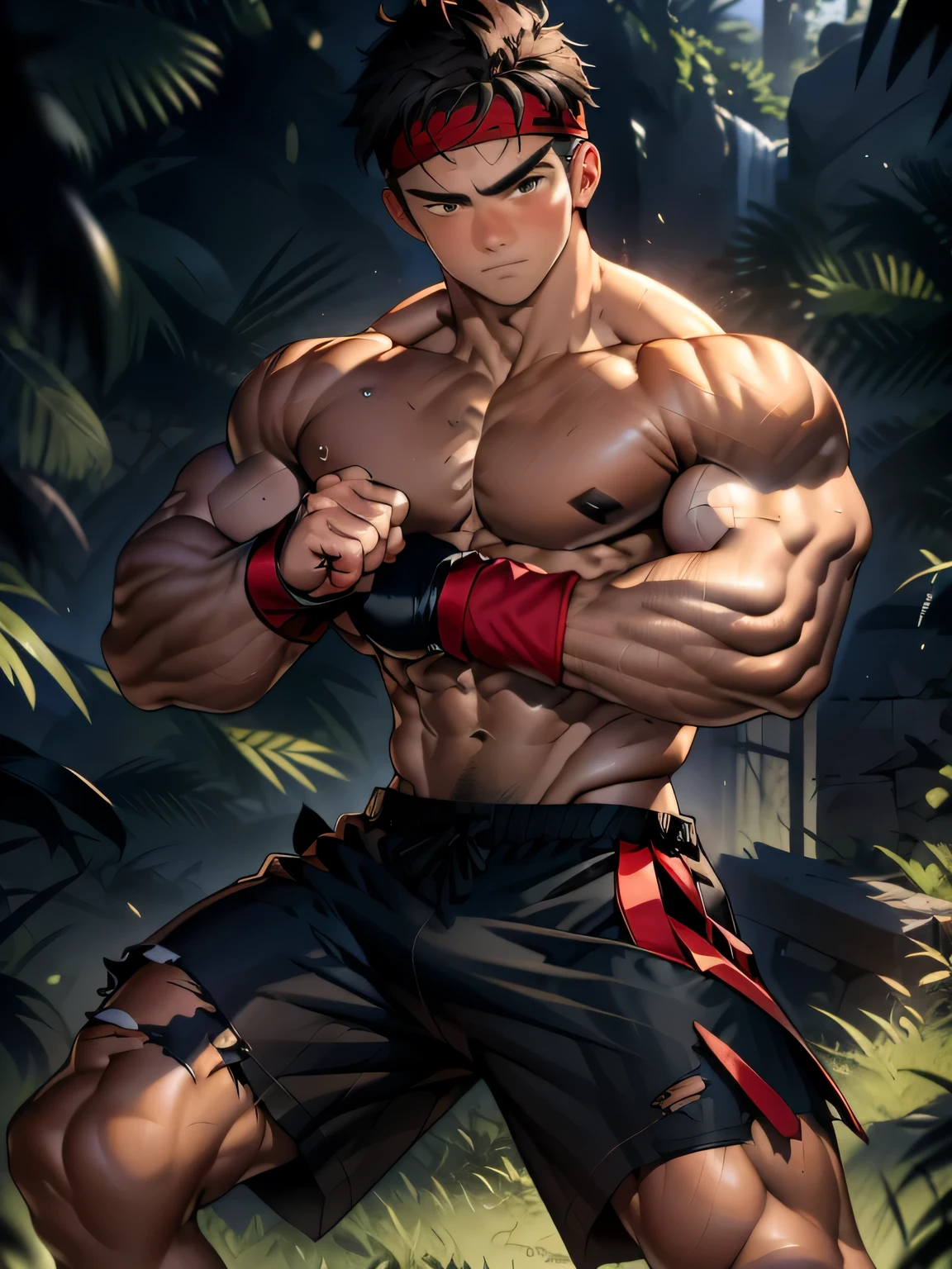 (Masterpiece, Best quality 20 year old boy, simple background), solo, Young, boy, muscler, full bodyesbian, Shirtless, , (Dark Short straight hair, under cut, brown eyes), (torn cloth, red headband, black shorts, ((black wristband))), Vivid colors, (hot Abs, big ,  muscle, upper arms), ( male), closed mouth, serious, tight muscler body, Man with martial arts stance, ((epic martial arts pose, fighting pose))