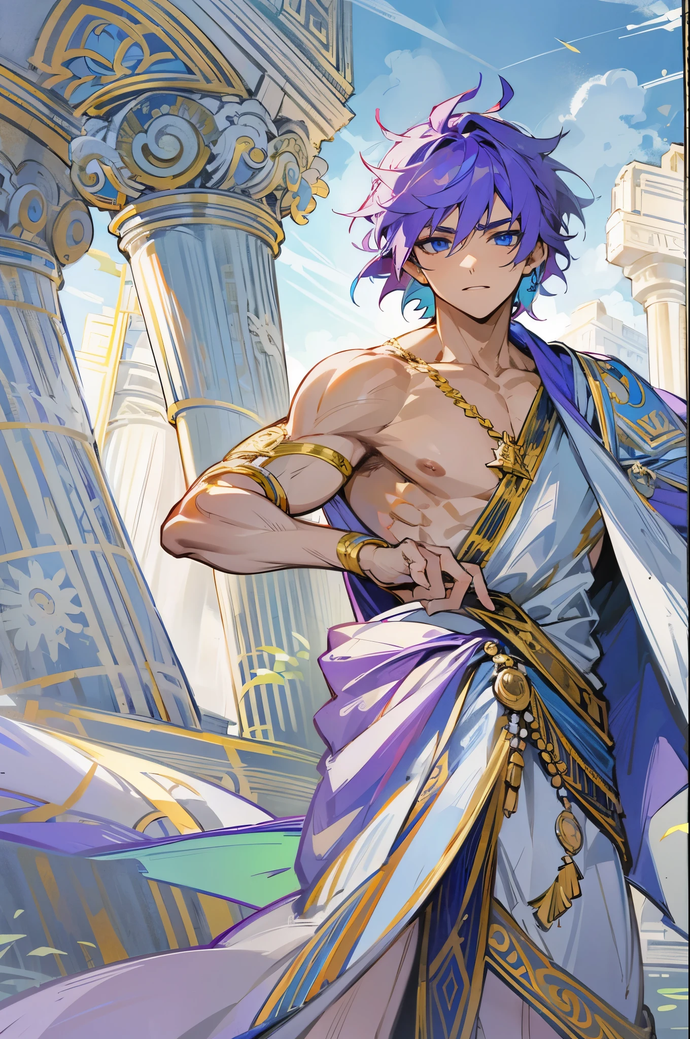 1male, Adult, Blue eyes, Short Blue Hair, Purple Hair, Two Toned Hair, Ancient Greek, White Toga, Jewelry, Sunny Sky, Muscular, Undercut Hair