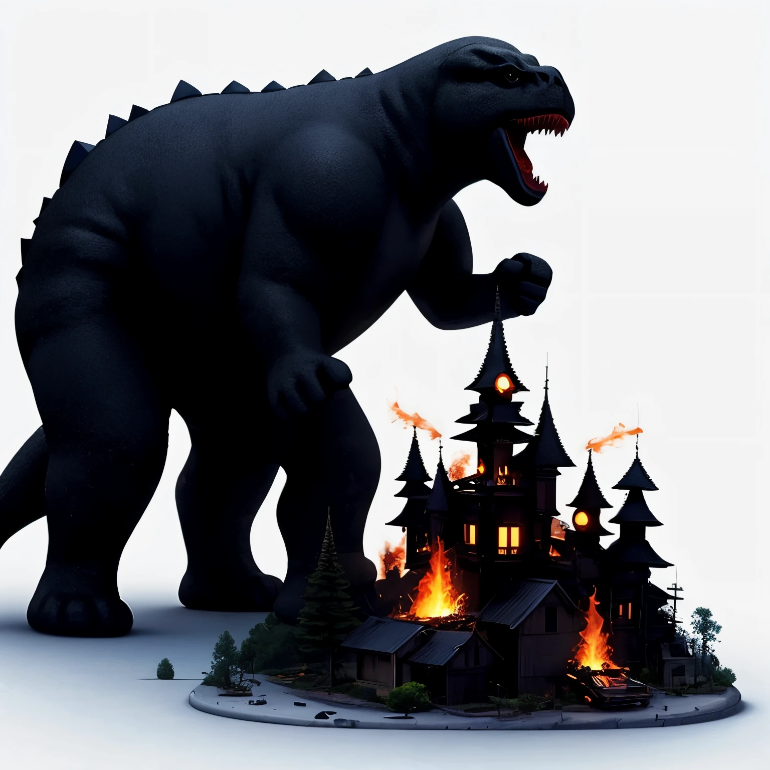 Godzilla, (masterpiece, best quality:1.2), broken city, broken land, fire,3d, solo, figure, no humans