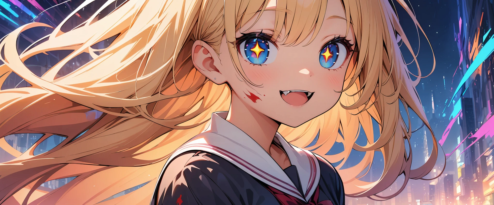 (highest quality, 4k, 8K high resolution, masterpiece:1.2), Super detailed,(1 girl, (JK, schoolgirl), long hair, slim body shape;1.2), (star-shaped pupil, +_+, pupil in the shape of a symbol, sparkling eyes), (open your mouth, Cute Fangs), (looking at the viewer, light smile), vampire, blood on my face, Blood on clothes, (chromatic aberration, abstract background, colorful background),