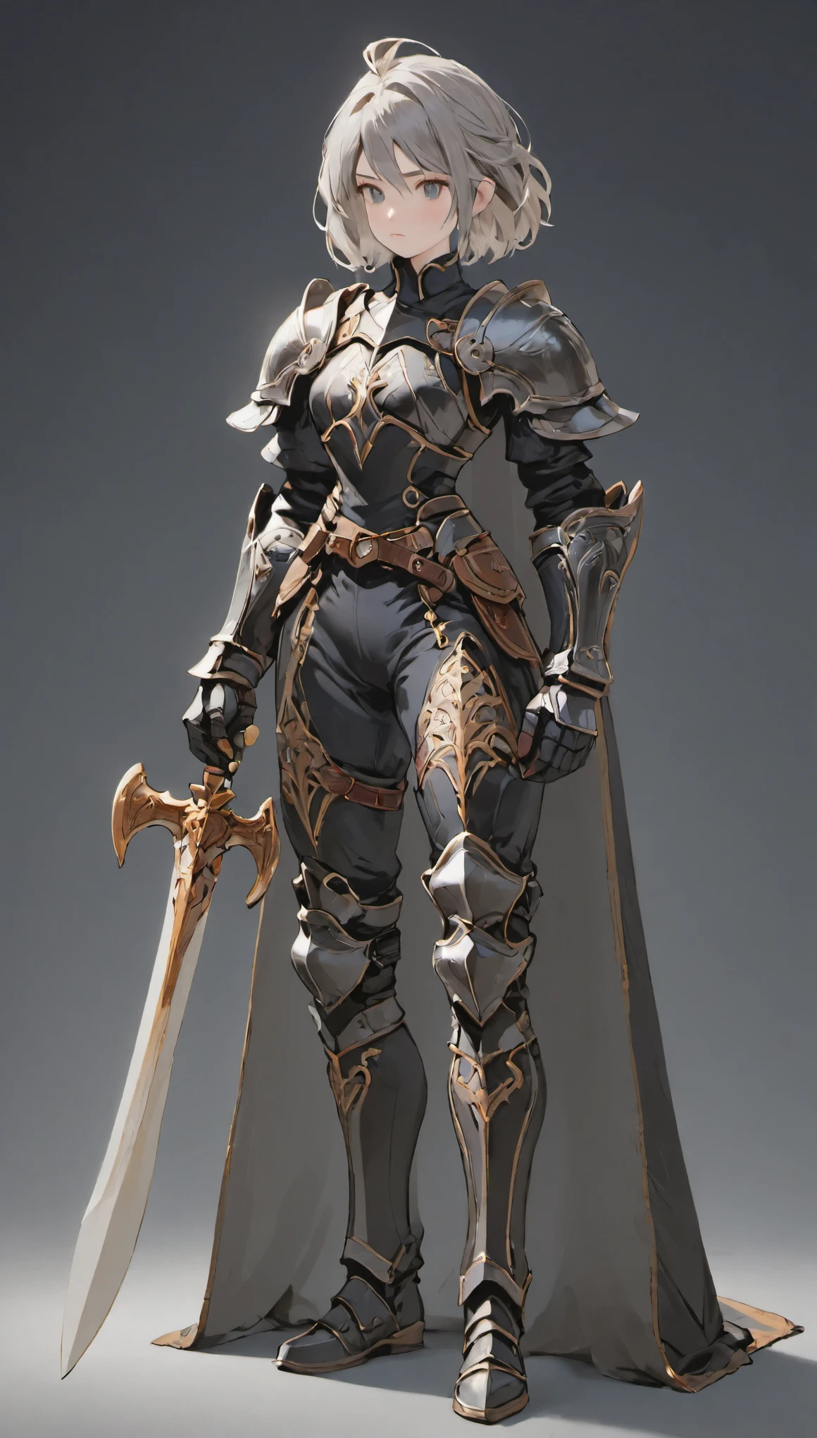 female adventurer, full body, Game Art Style, (masterpiece),  highest quality, High resolution, 4k, 8K, Detail view, intricate details, cinematic lighting, amazing quality, 1 girl, A bold female warrior in black armor,jet black armor、Amazoness,gray hair, great shading, soft lighting, Face-to-face camera, perfect eyes