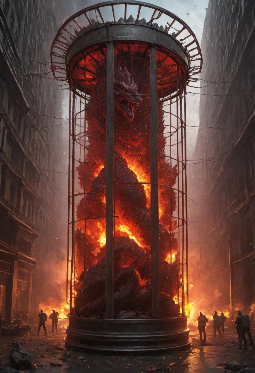 "(best quality, highres, ultra-detailed), a huge iron cage imprisoning (ultra-detailed, realistic) Godzilla, explosion, hellish atmosphere, rivers of blood, despair, struggle"