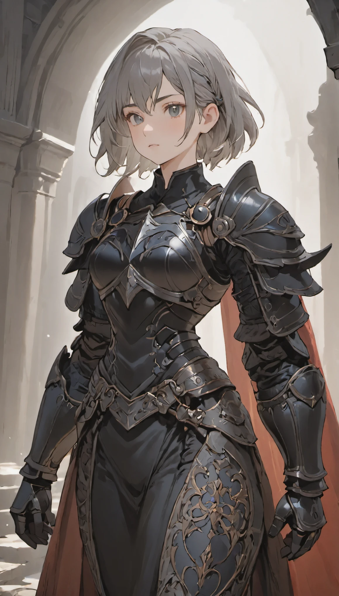 female adventurer, full body, Game Art Style, (masterpiece), highest quality, High resolution, 4k, 8K, Detail view, intricate details, cinematic lighting, amazing quality, 1 girl, A bold female warrior in black armor,jet black armor、Amazoness,gray hair, great shading, soft lighting, Face-to-face camera, perfect eyes