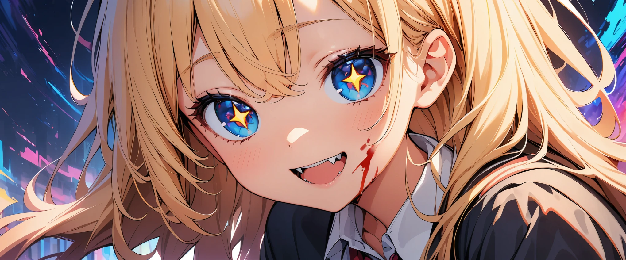 (highest quality, 4k, 8K high resolution, masterpiece:1.2), Super detailed,(1 girl, (JK, schoolgirl), long hair, slim body shape;1.2), (star-shaped pupil, +_+, pupil in the shape of a symbol, sparkling eyes), (open your mouth, Cute Fangs), (looking at the viewer, light smile), vampire, blood on my face, Blood on clothes, (chromatic aberration, abstract background, colorful background),