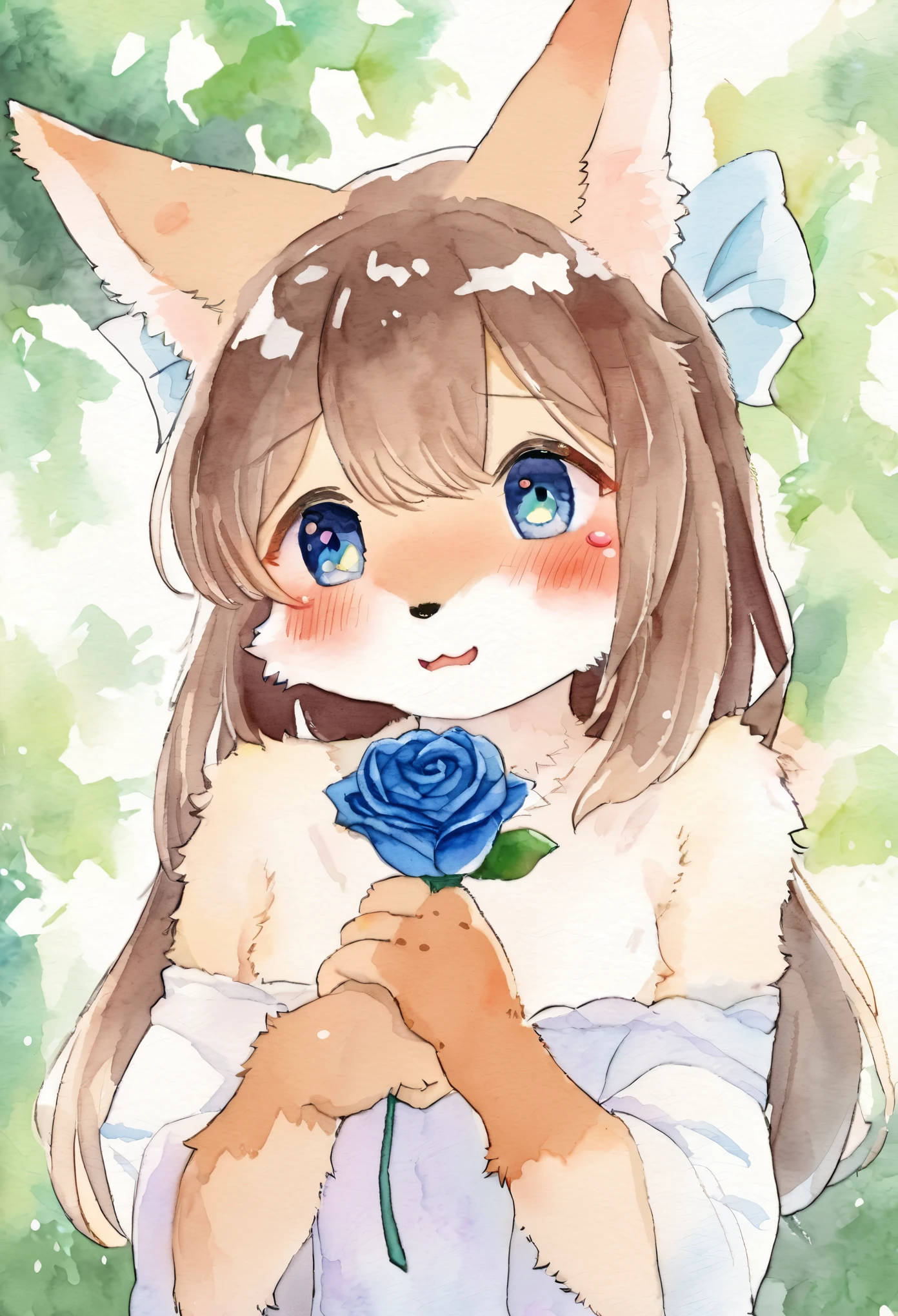 Watercolor elements, 1girl, kemono, furry, detailed body fur, animal face, animal hand, embarrassed after being handed a blue rose and proposed,