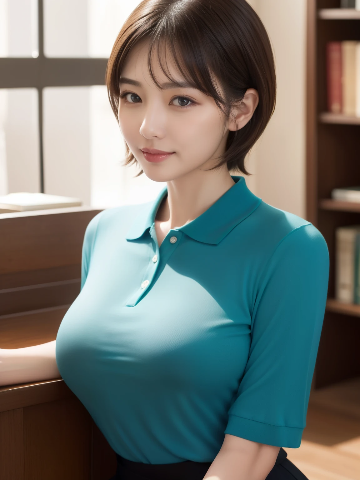 ((masterpiece))、((highest quality))、photograph、reality、High level image quality、Advanced depth of field、get used to it、realistic lighting、secretary、40 years old、delicate features、short hair、Realistic background and accessories、big and full breasts、sexy lips、quiet and dark library、Tight mesh polo shirt that expresses the roundness and softness of the chest.、unbutton、close、waist shot、troubled face、evening、attractive appearance、light smile、