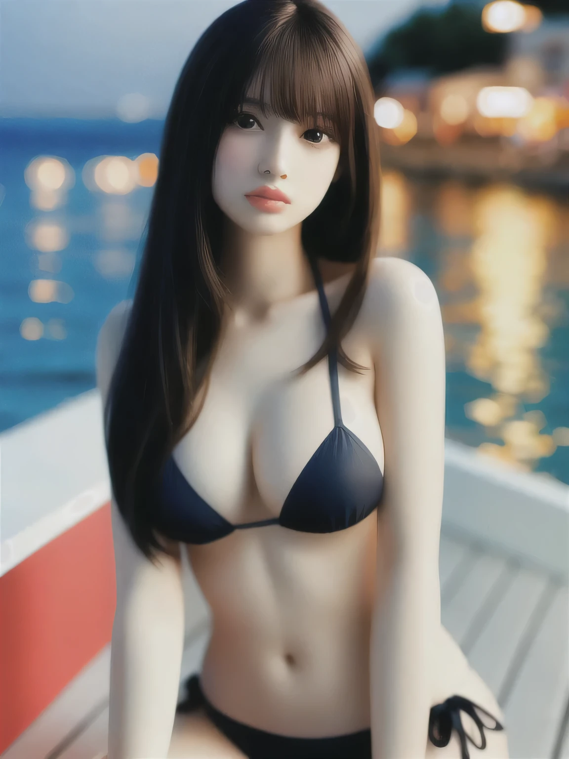 (highest quality, masterpiece:1.2),super detailed,(photo-realistic:1.4),Ultimate_beautiful_girl,bikini,night beach,blurry_light_background,