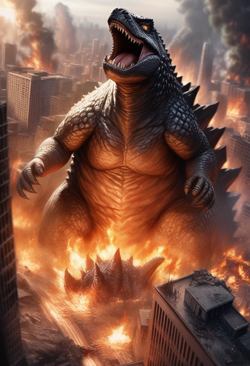 best quality,ultra-detailed,realistic,photorealistic:1.37,cityscape,detailed destruction,dark atmosphere,giant monster,(Godzilla:1.5),destructive power,fire-breathing,big flames,ominous presenceintense heat,scorching buildings,burning skyscrapers,small terrified humans,fear and chaos,panicked crowds,ruined cityscape,smoke and ashes,devastation from above,small buildings collapsing,terrified screams,massive destruction,apocalyptic scene,giant creature emerging,terrifying roar,rubble and debris,smoldering ruins,menacing presence,city engulfed in flames,desperate attempts to escape