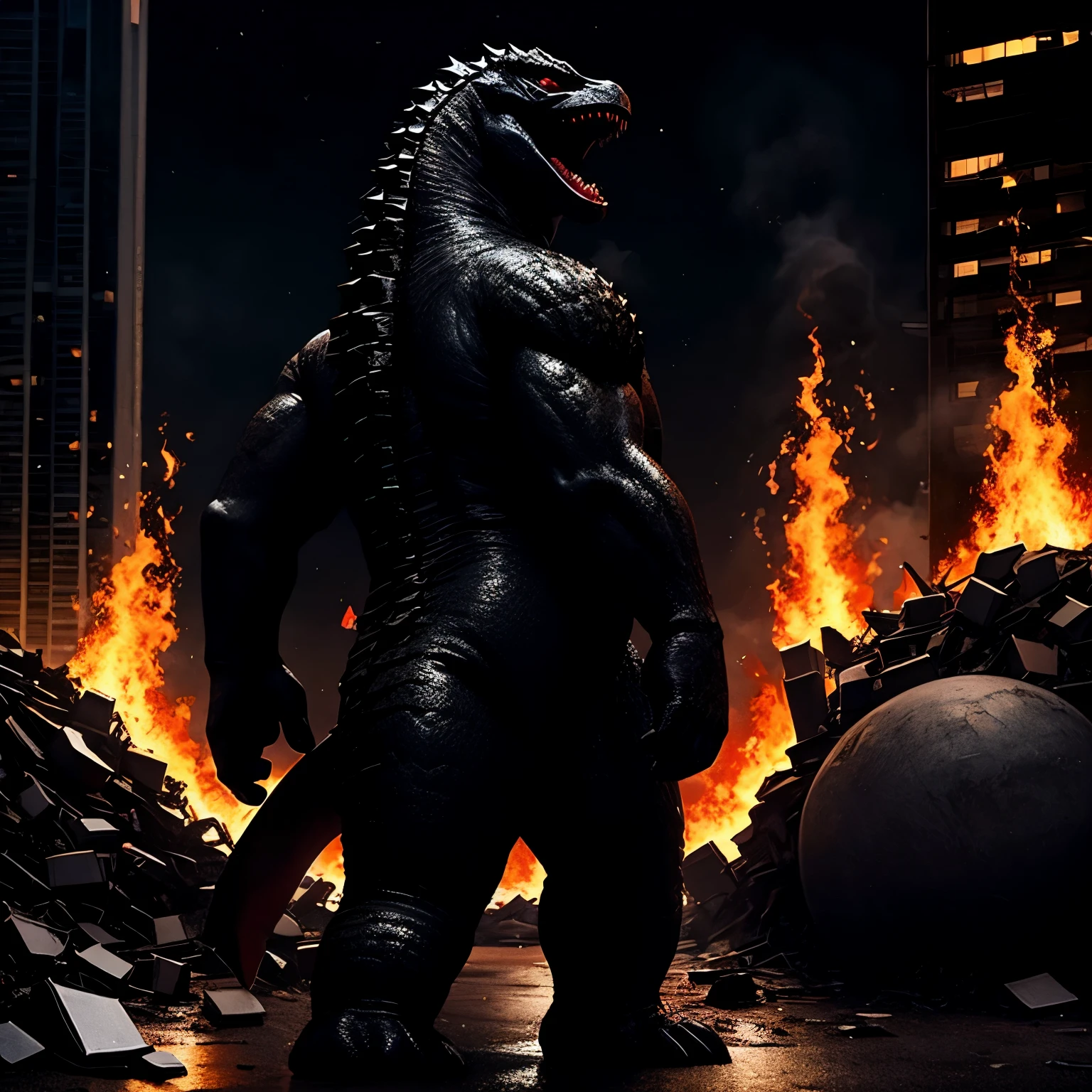 Godzilla, (masterpiece, best quality:1.2), broken city, broken land, fire,3d, solo, figure, no humans